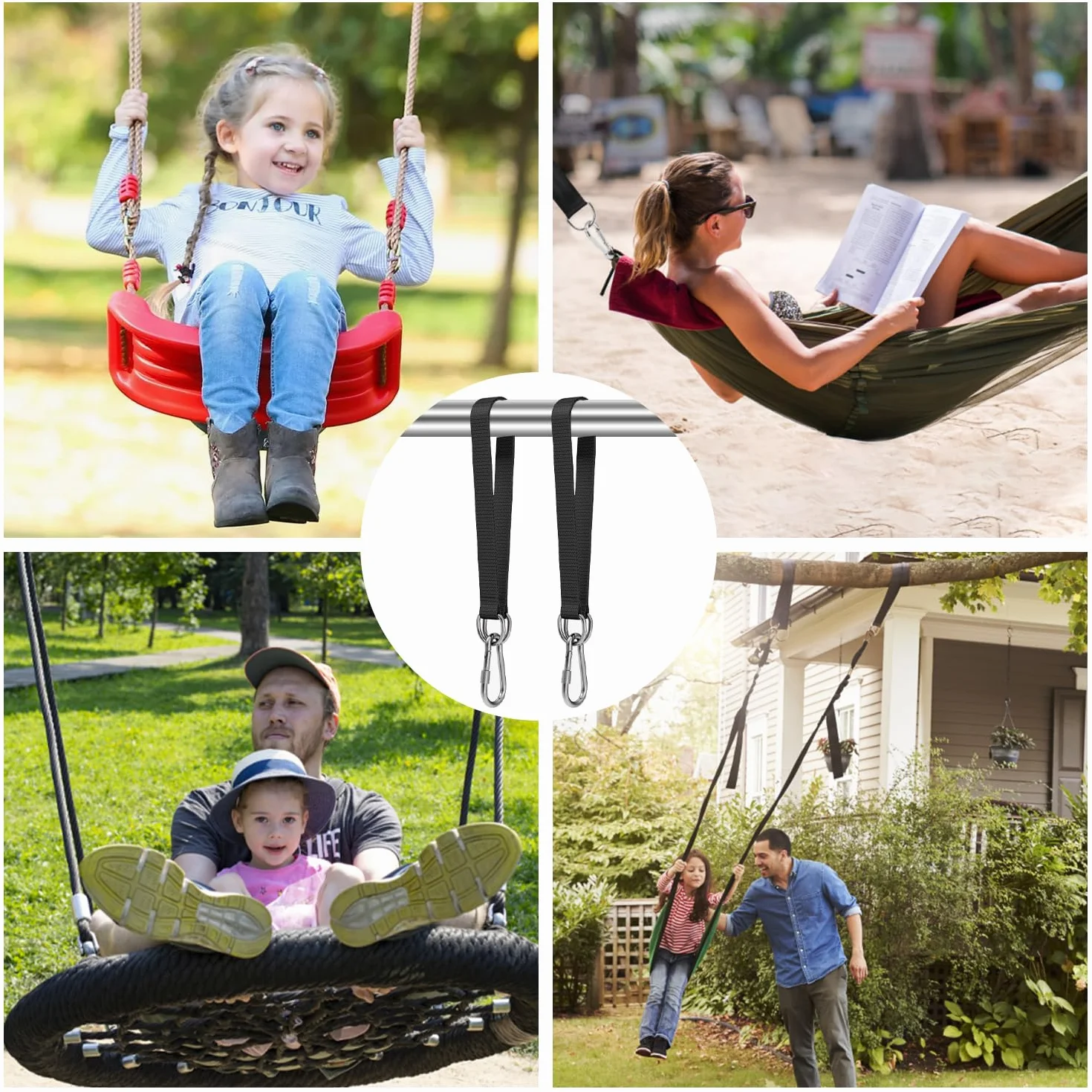 Sangles de Hamac avec Mousquetons et Anneaux en D, Fixation Lourde pour Arbre, Camping, Patio