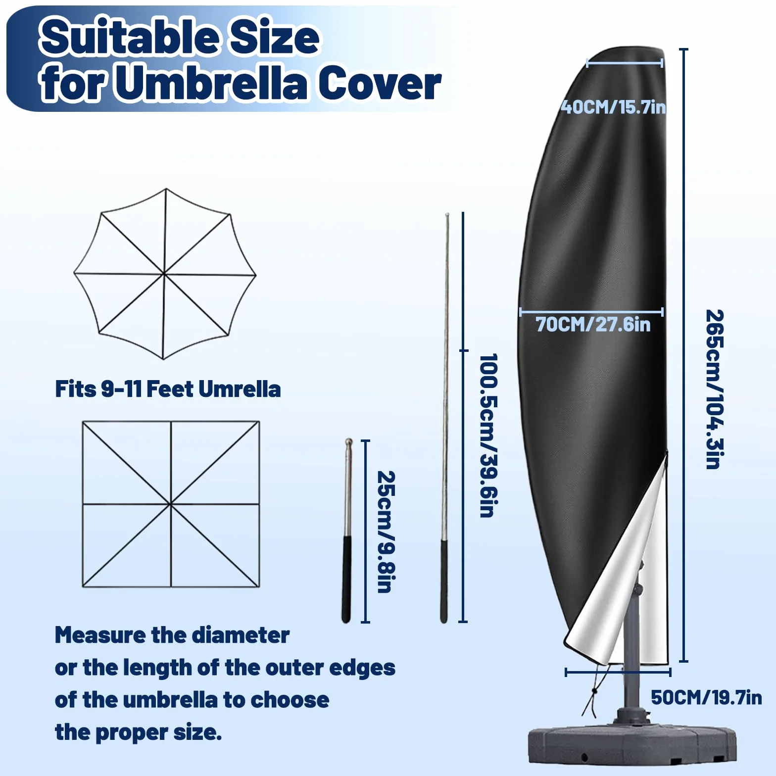 Housse de Parasol Déporté, Anti-UV, 420D Imperméable avec Fermeture éclair, Perche Télescopique, 265CM