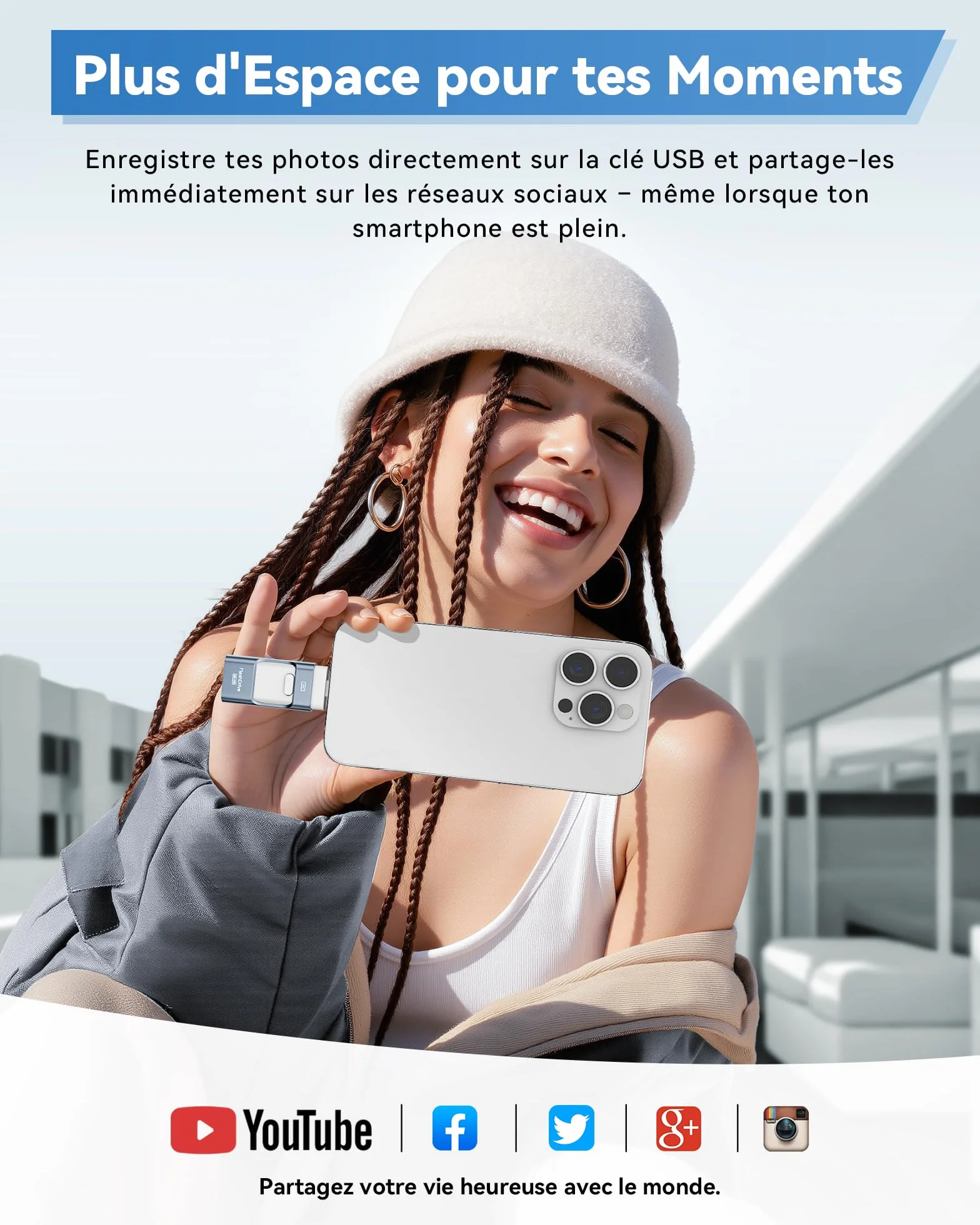 ZARMST Clé USB 256 Go 4 en 1 USB C 3.0 Flash Drive Transfert Rapide Mémoire Externe Bleu
