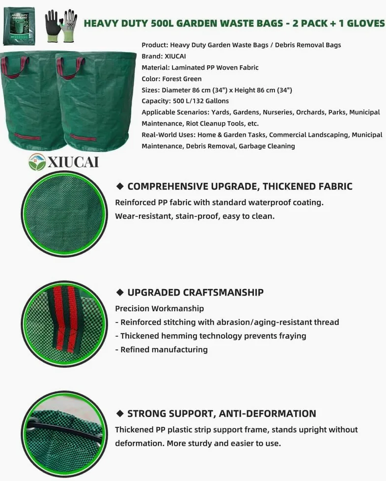 2 Sacs Professionnels Réutilisables 500L pour Déchets de Jardin | avec 1 Gant Anti-Percée, pour Pelouse, Feuilles et Résidus,2bags 1glove
