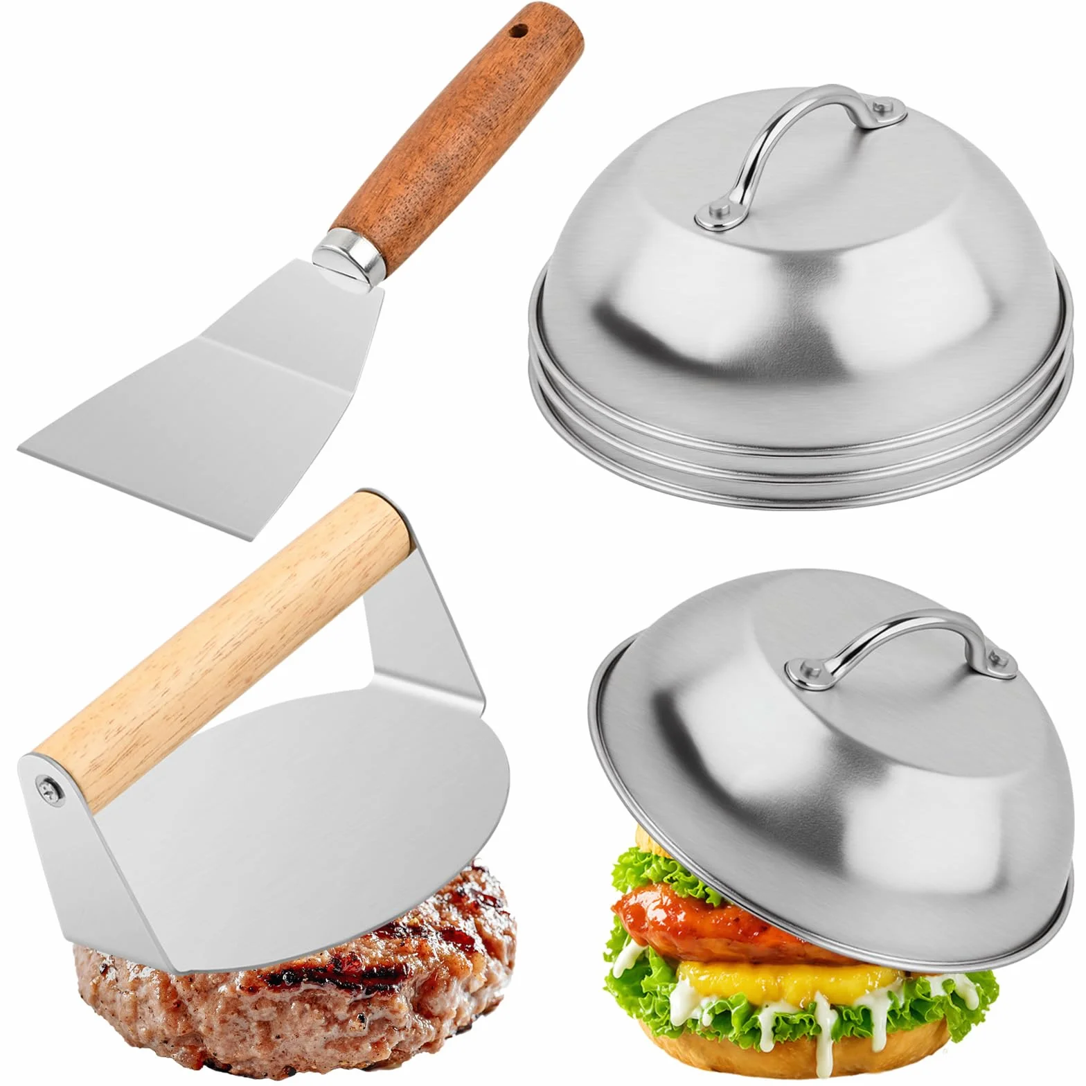 Set de 6 Pièces Smash Burger Press Kit, Acier Inoxydable, Cloche à Hamburger 15x6,5 cm, Presse à Hamburger, Spatule Plancha