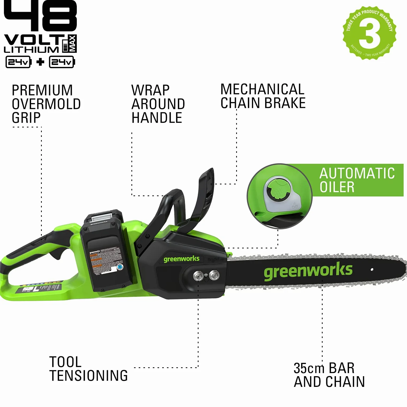 Greenworks Tronçonneuse à Batterie Moteur Sans Balais, Longueur des barres 14 Pouces (35cm), 2 Batteries 24V 4Ah et Chargeur Double+ Greenworks 35cm Chaîne