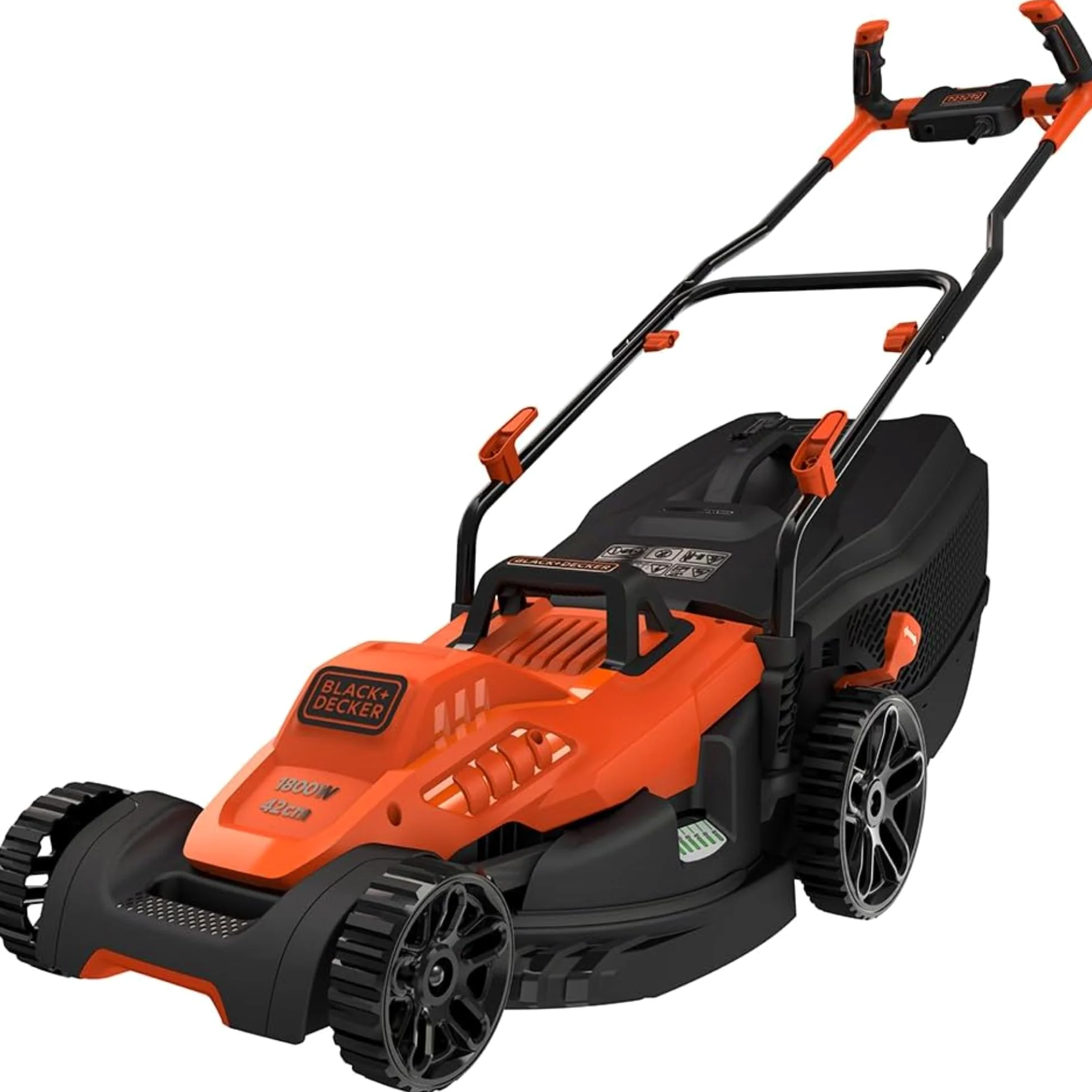 BLACK+DECKER Tondeuse Filaire 1800W, Tondeuse à Gazon Electrique 42 cm, 6 hauteurs réglables 20, 30, 40, 50, 60 et 70 mm, Tondeuse avec Poignée Bike, BEMW481BH-QS