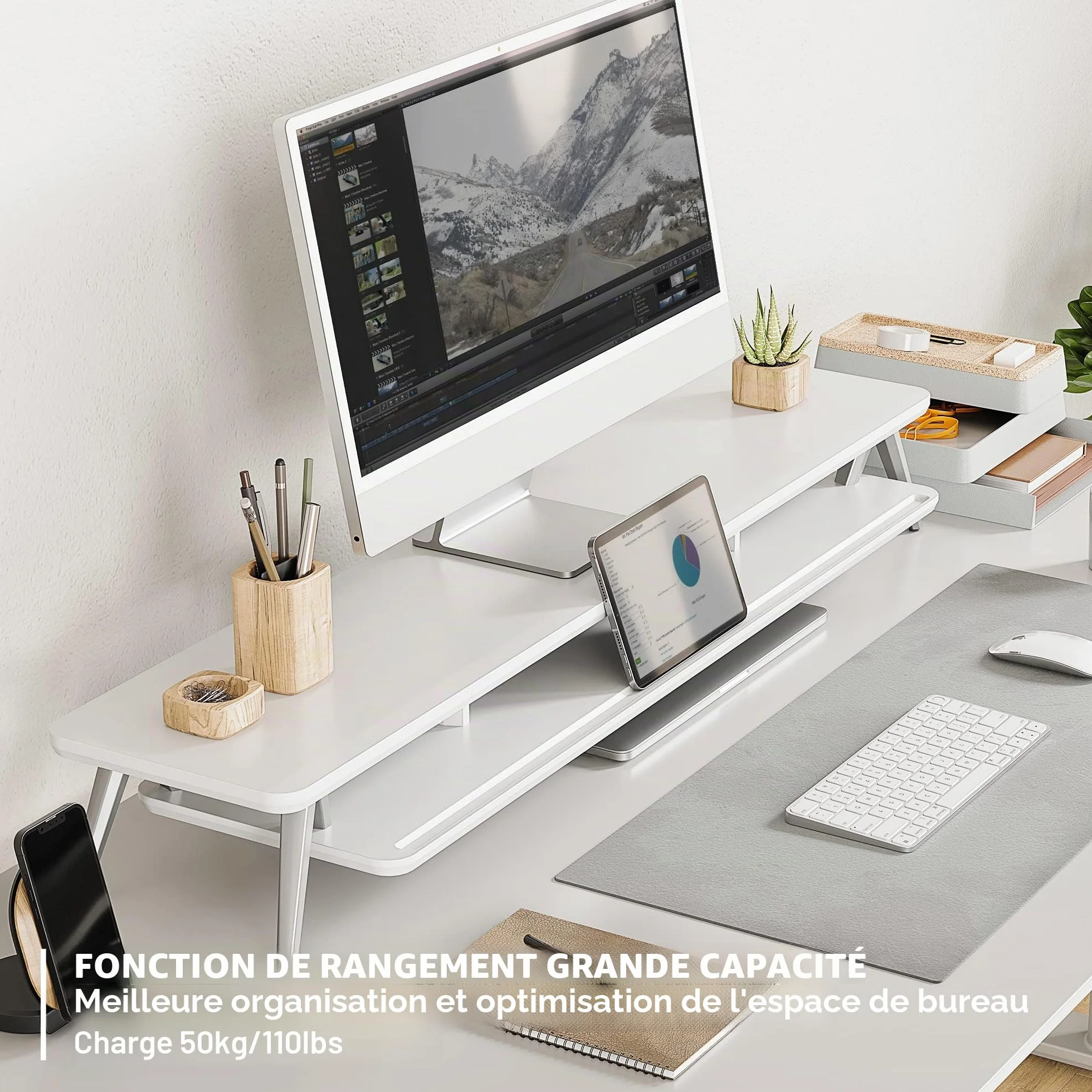 Rehausseur Écran Bureau en Bois et Métal avec Encoche pour Smartphone, Tablette et Stylo, 108cm, Blanc