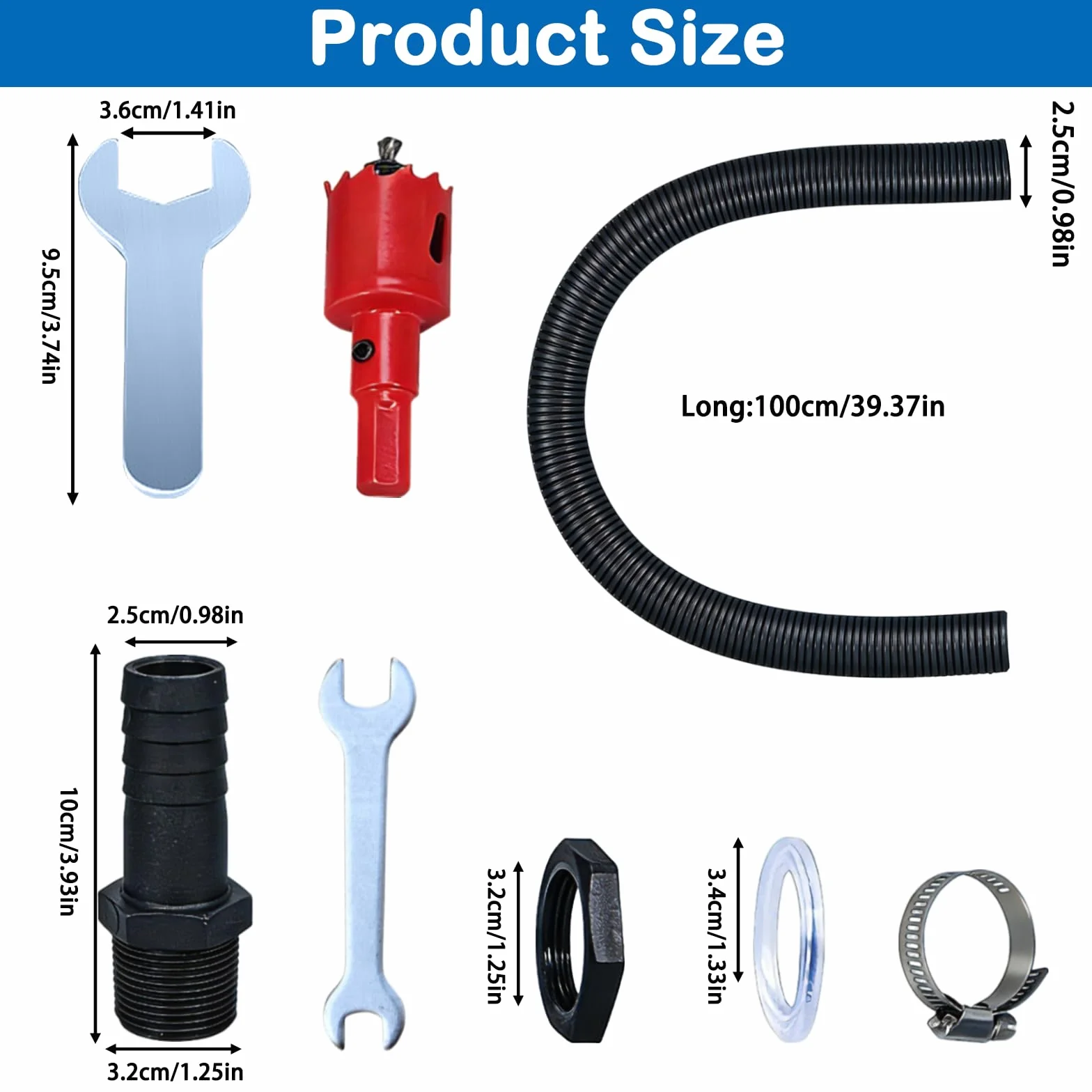 Récupérateur d'Eau de Pluie pour Tuyau Kit, 2 Raccords, Tuyau de Raccordement 1m, Clé Plate, Clé Spéciale, Accessoires de Montage pour Cuve