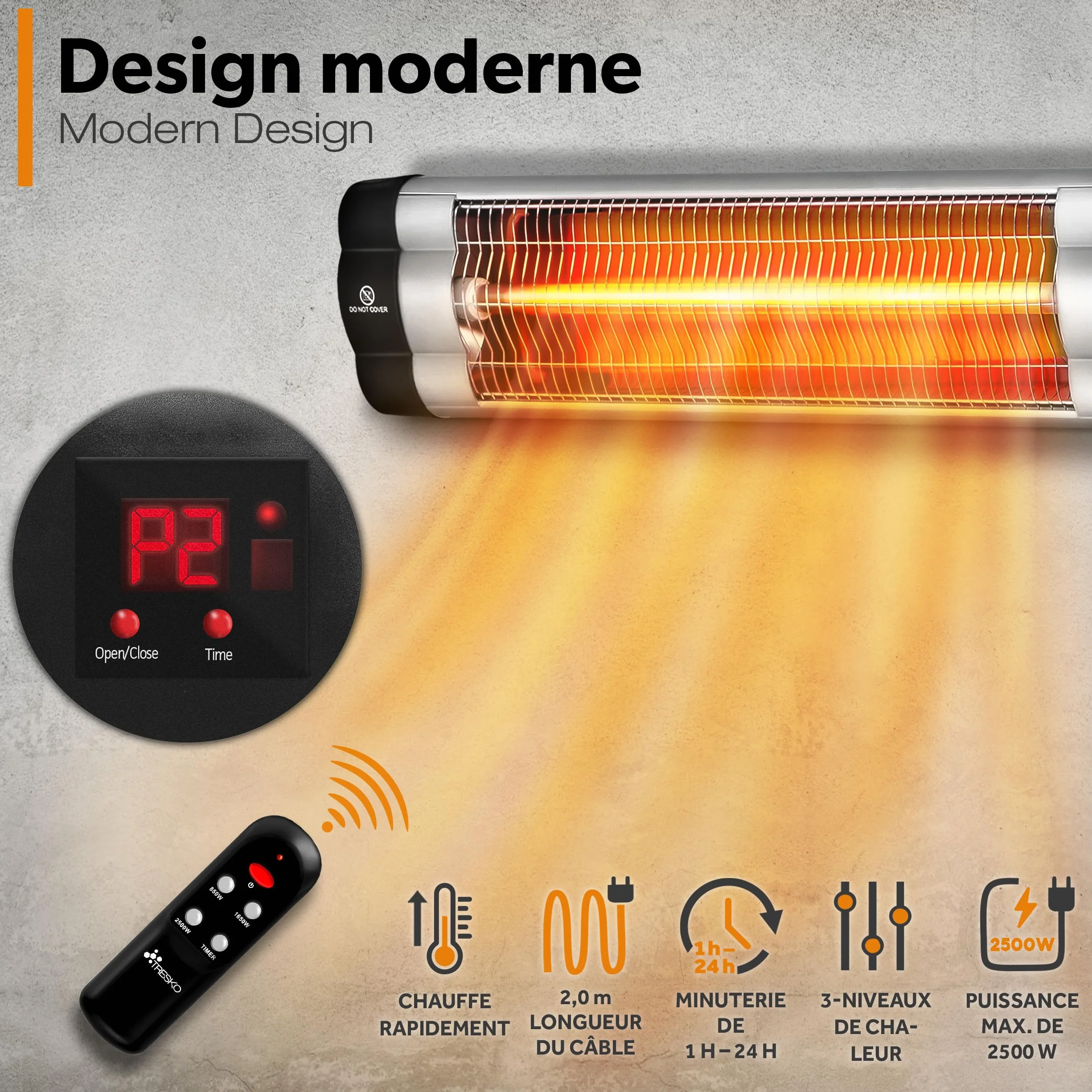TRESKO Radiateur infrarouge extérieur 2500W Chauffage radiant terrasse murale télécommande 3 niveaux Argent