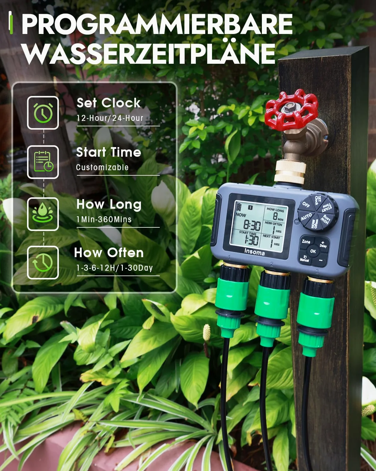 Insoma Horloge d'arrosage à 3 zones, entrée et sortie en laiton + étanche IPX5, arrosage automatique/manuel, retard de pluie et grand écran, minuterie de robinet pour jardin, pelouse et tuyaux de cour