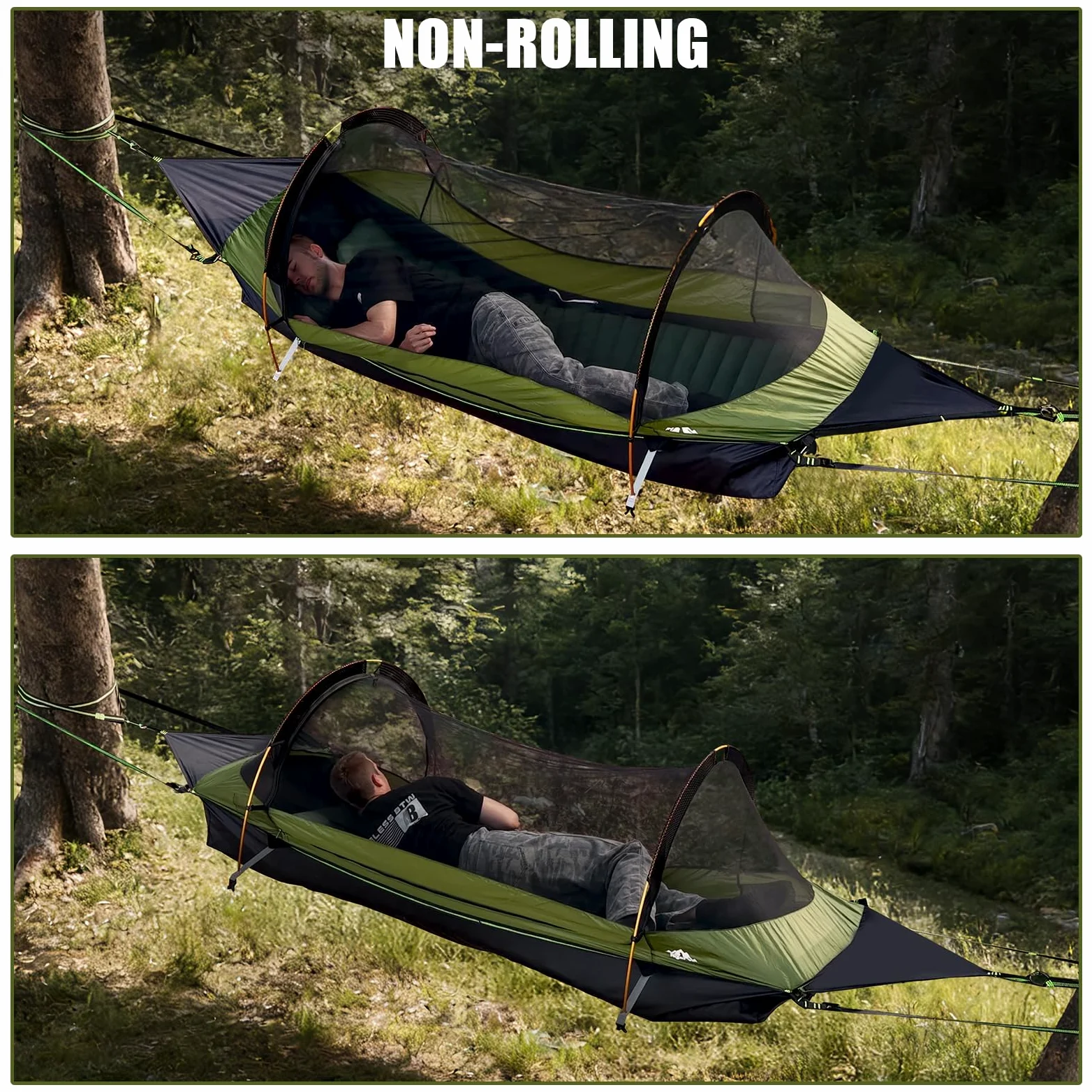 Night Cat Hamac Tente Fond Plat pour 1 Personne avec Moustiquaire Couverture Imperméable et Espace de Rangement Supplémentaire Randonnée Camping dans Jardin Arrière Cour Sauvage Vert Pro