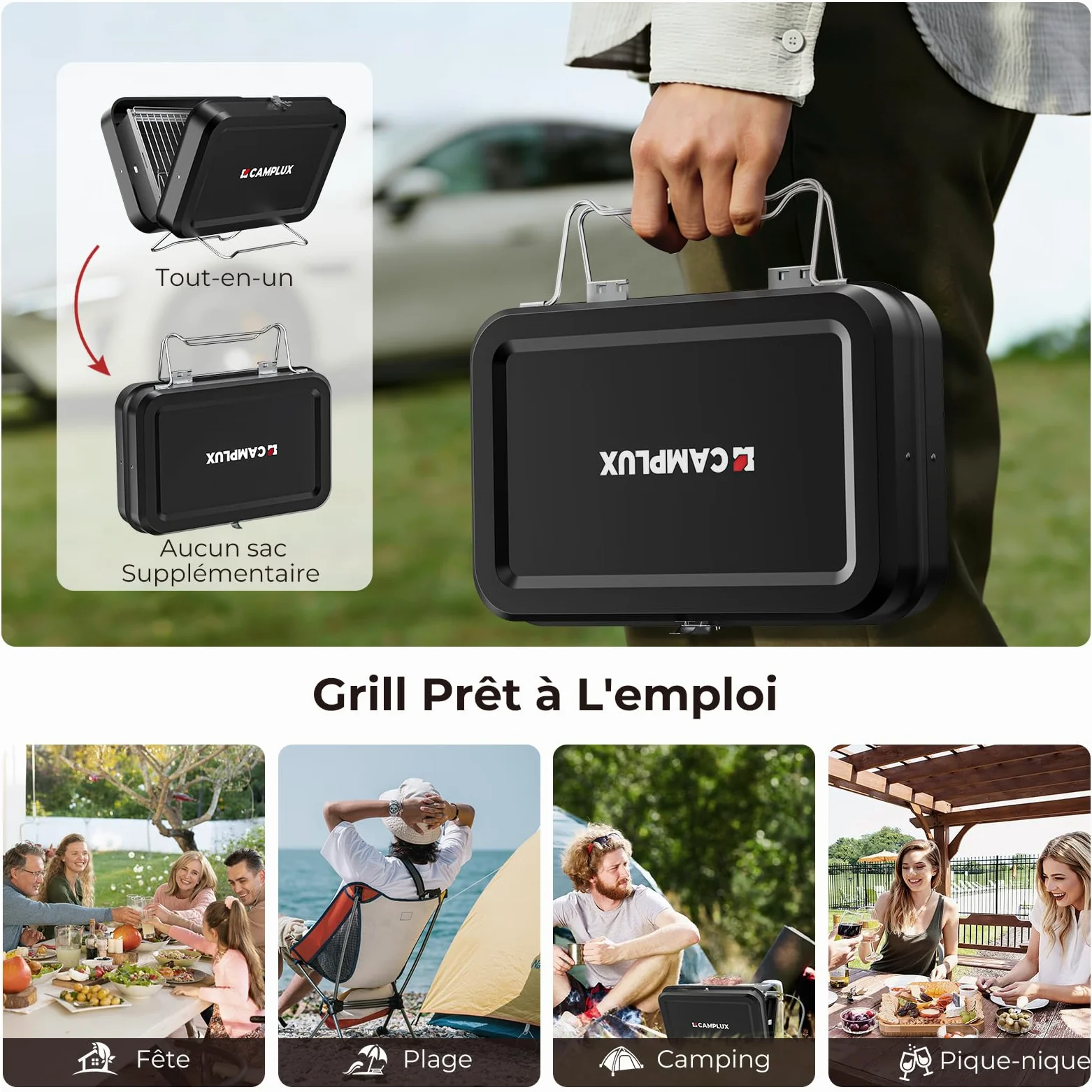 CAMPLUX FoldGo Barbecue Portable 2-en-1 Gaz Charbon Camping, FG16GB | Grille 32x23,5 cm, 2 kW, Design Pliable Compact, Parfait pour Camping, Randonnée et Voyages