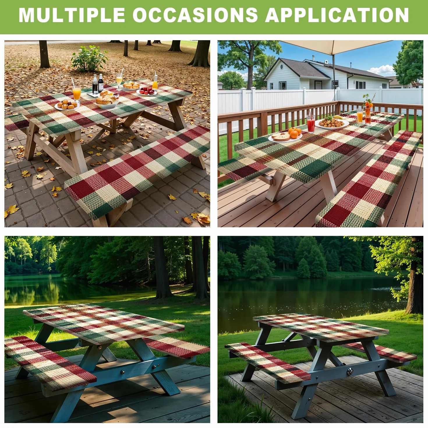 Nappe Table Pique Nique 6FT Carreaux Rouge Vert Lot de 3, Housse Imperméable Extérieur 72"x30" avec Housses Banc