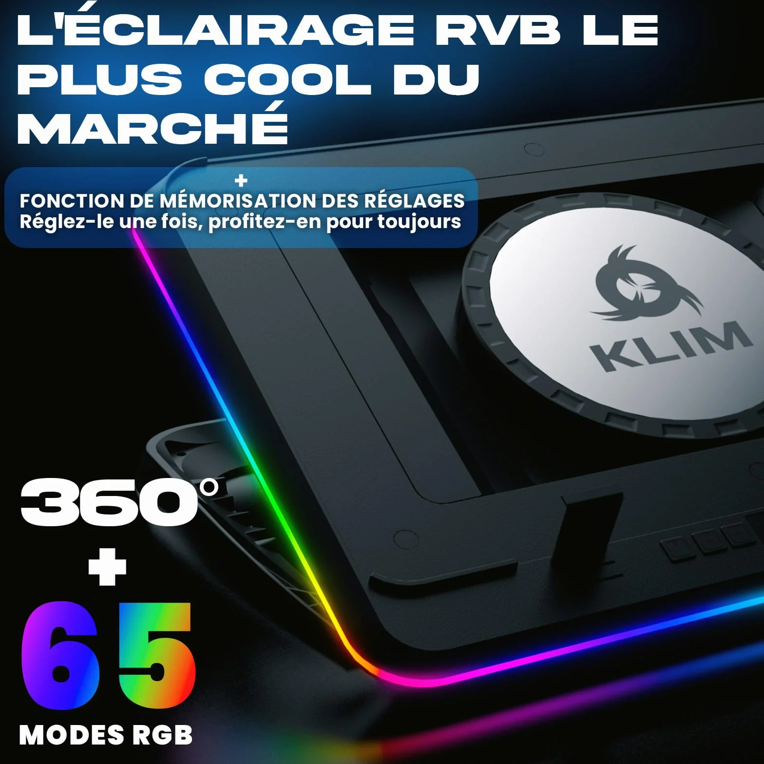 KLIM Turbofrost Max Refroidisseur PC Portable RGB 15.6-17 Pouces Ventilateur XL