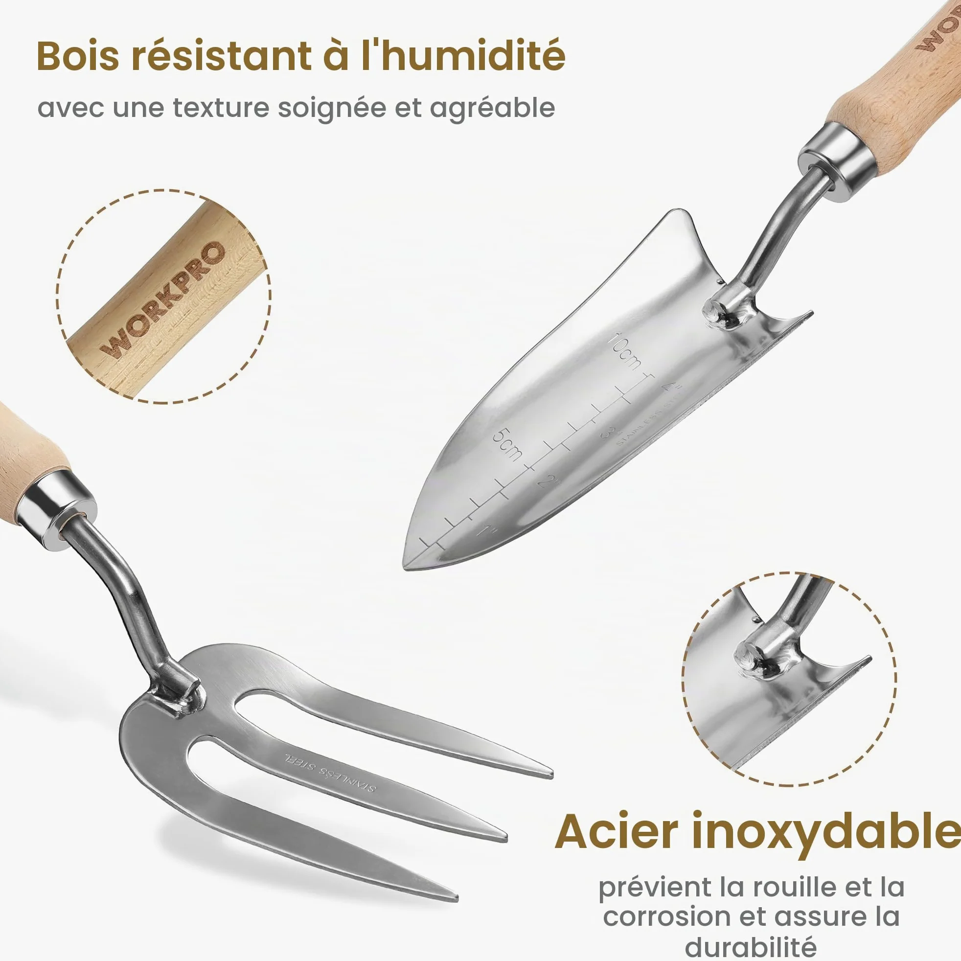 WORKPRO Ensemble d'Outils de Jardinage Rose 8 Pièces en Acier Inoxydable | Poignées en Bois, avec Sécateur, Gants, Sarcloir, Griffe, Fourche, Pelle à Terreau et Transplantoir