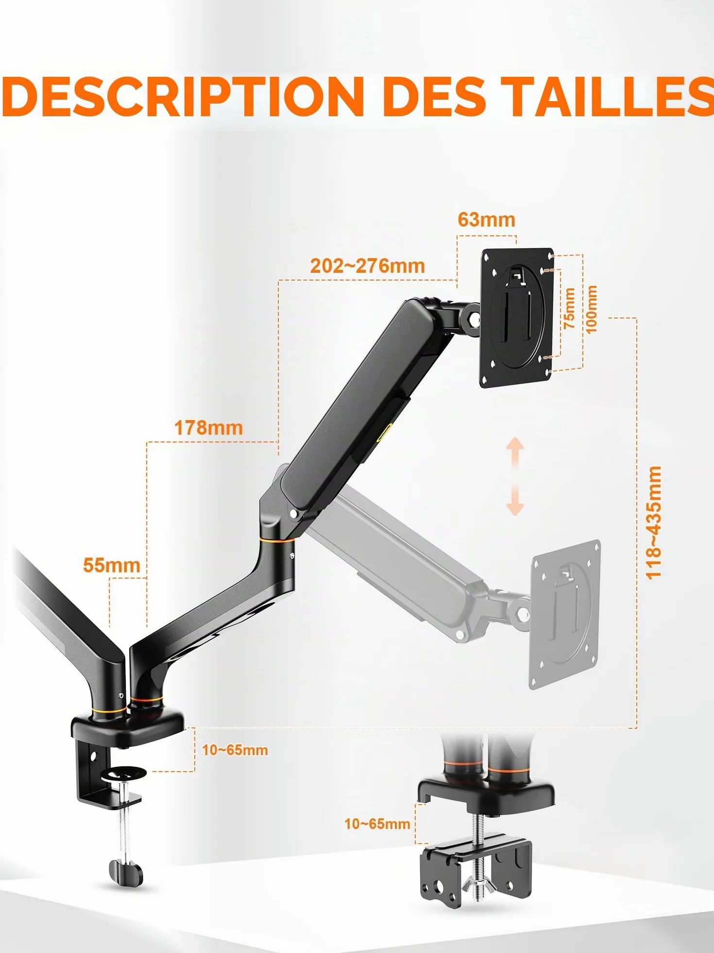 Ibergrif Bras Double Écran PC Support 2 Moniteurs 13-27 Pouces Bras à Gaz Réglable Hauteur Inclinaison Rotation 360° Charge 9 kg VESA 75/100mm