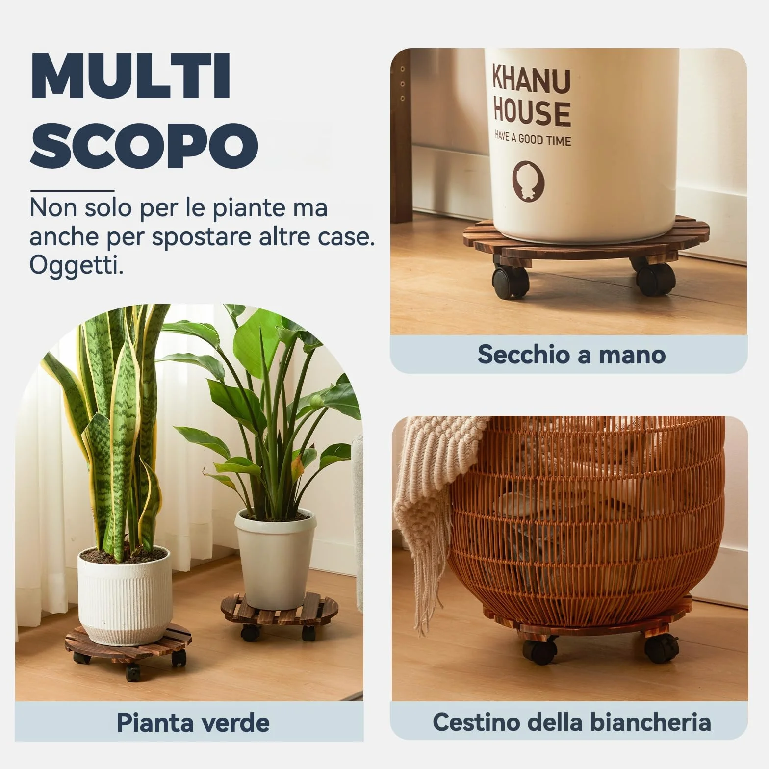 Bamworld Lot de 2 paniers à plantes en bois 35,6 cm avec roulettes – Chariot robuste 108,9 kg roues verrouillables 360°