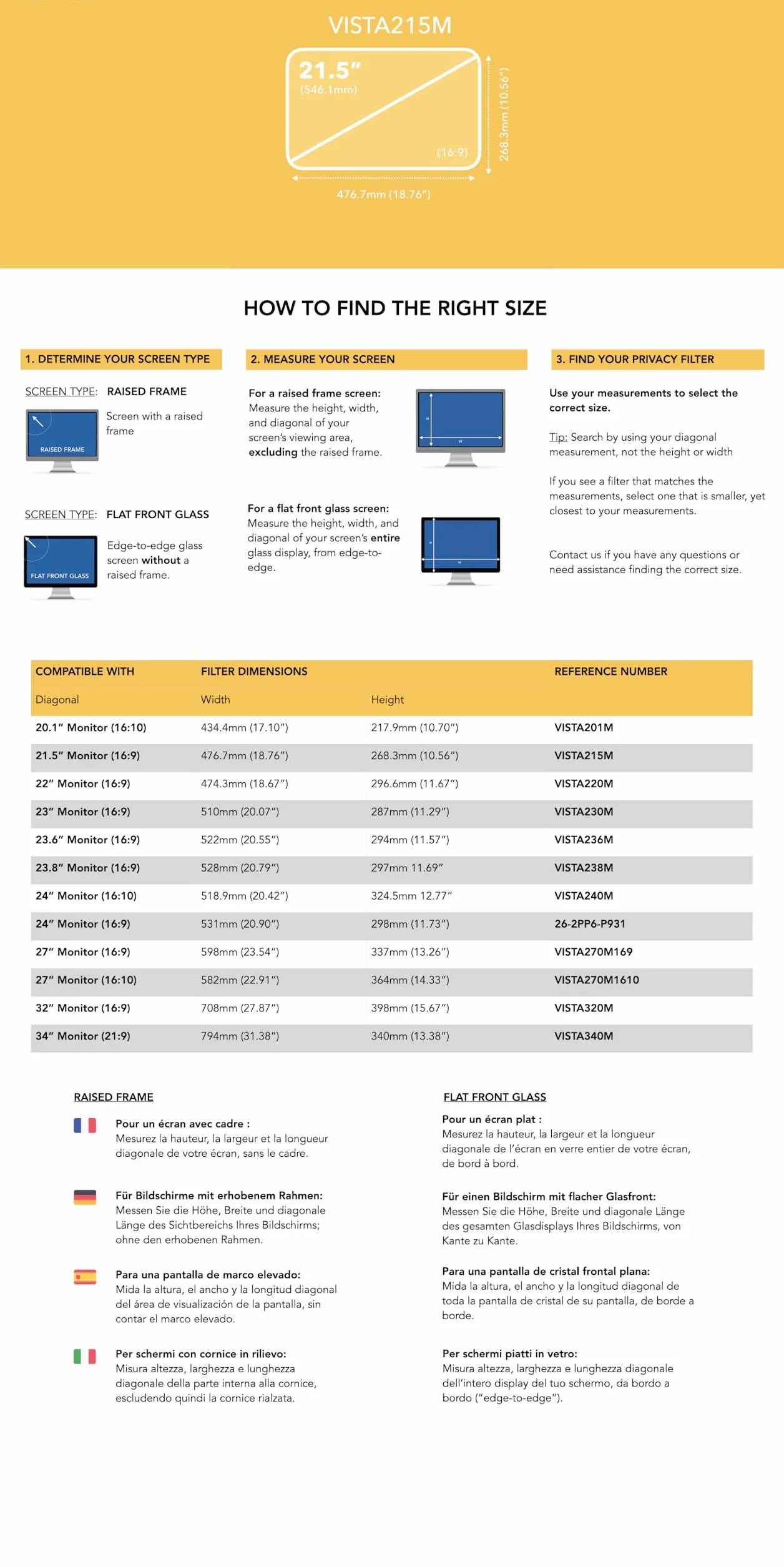 VistaProtect Filtre de Confidentialité Anti-Lumière Bleu 2-en-1 pour Écran Ordinateur Moniteur 21.5 Pouces