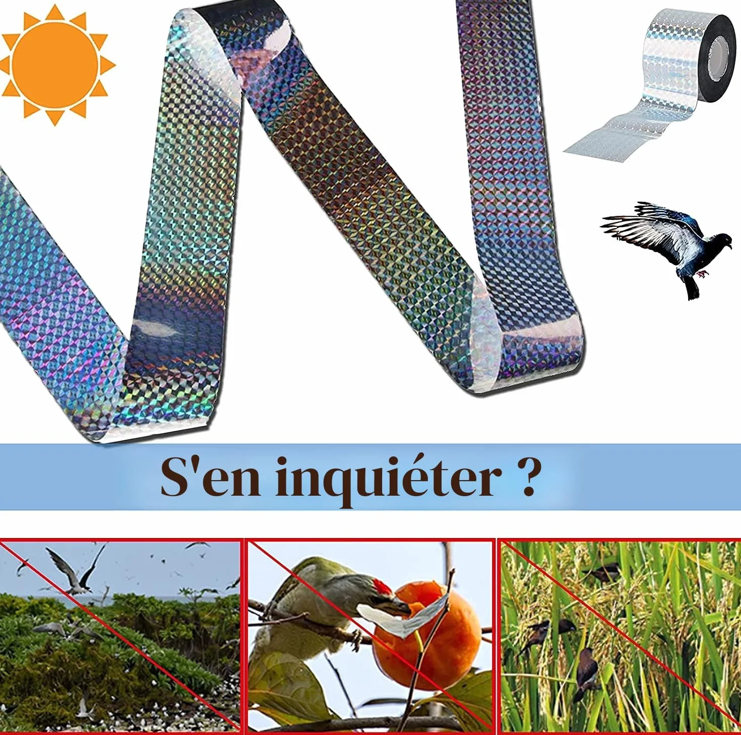 PIQIUQIU Bande répulsive pour oiseaux 80 m x 4,5 cm réfléchissante