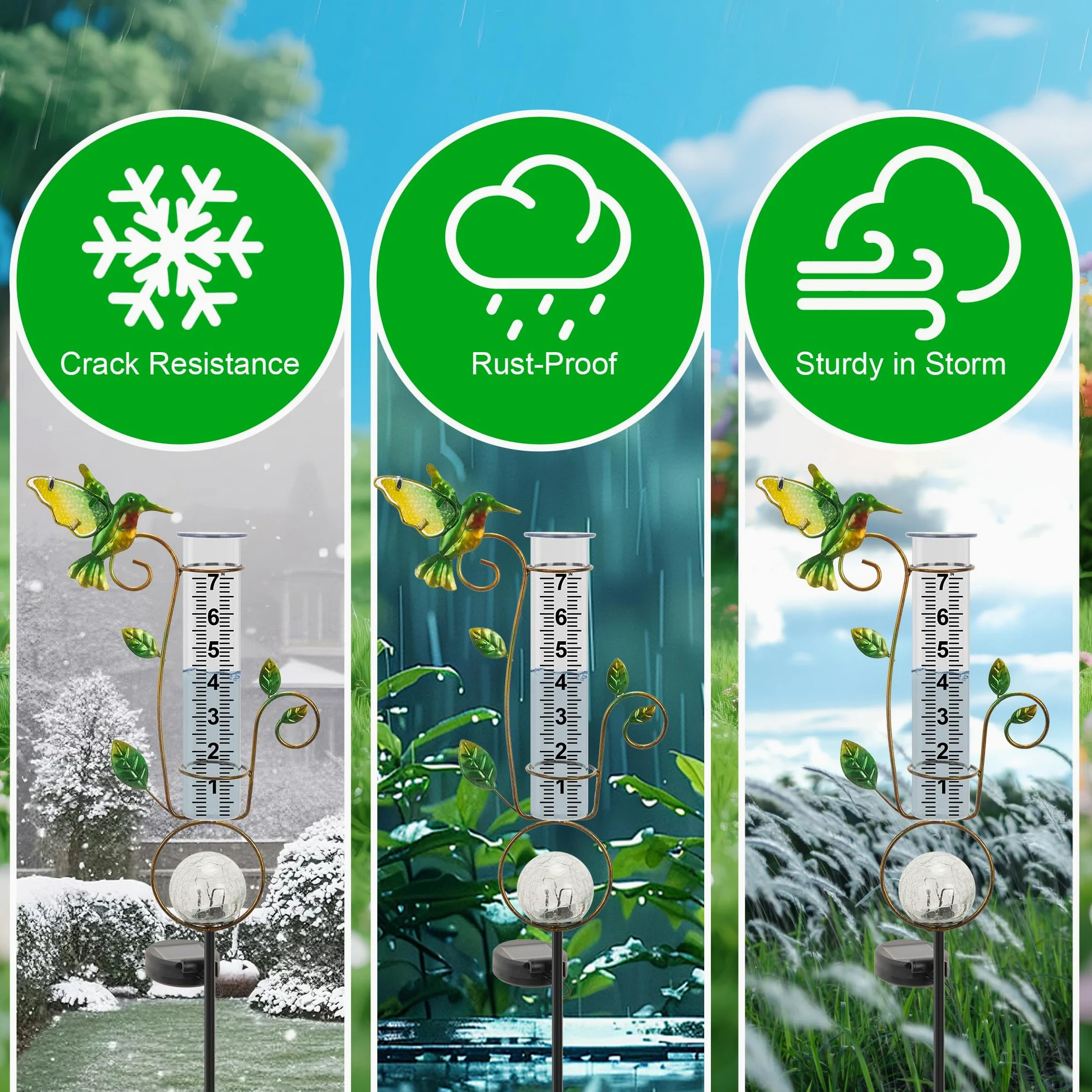 Pluviomètre d'extérieur – Jauge de pluie solaire en forme de colibri décorative avec lumières LED à changement de couleur en forme de boule fissurée de 17,8 cm Tube résistant au gel pour l'extérieur