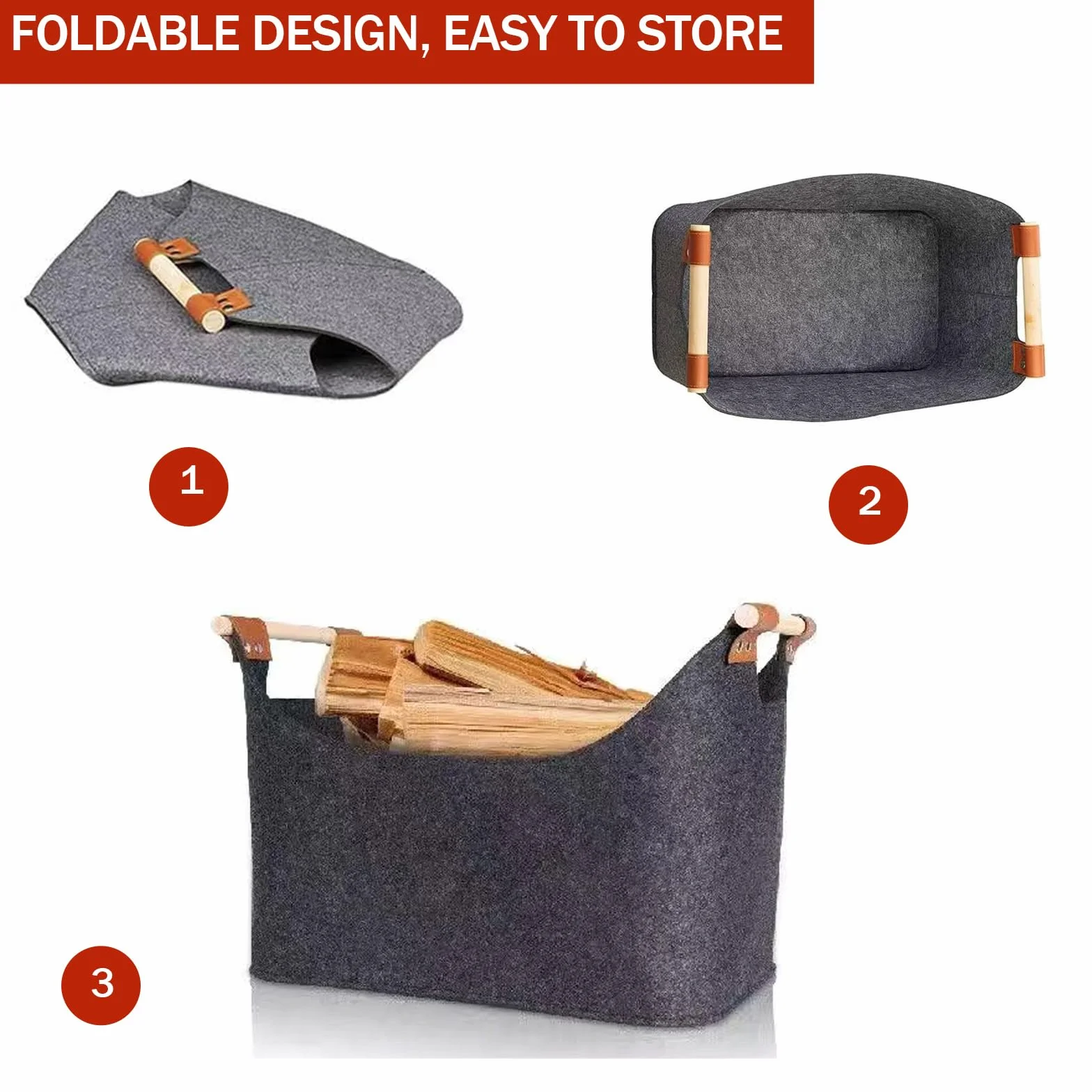 Panier à bûches XXL 70L Feutre Pliable Sac à Bois pour Cheminée 55 x 32 x 40 cm Gris Foncé