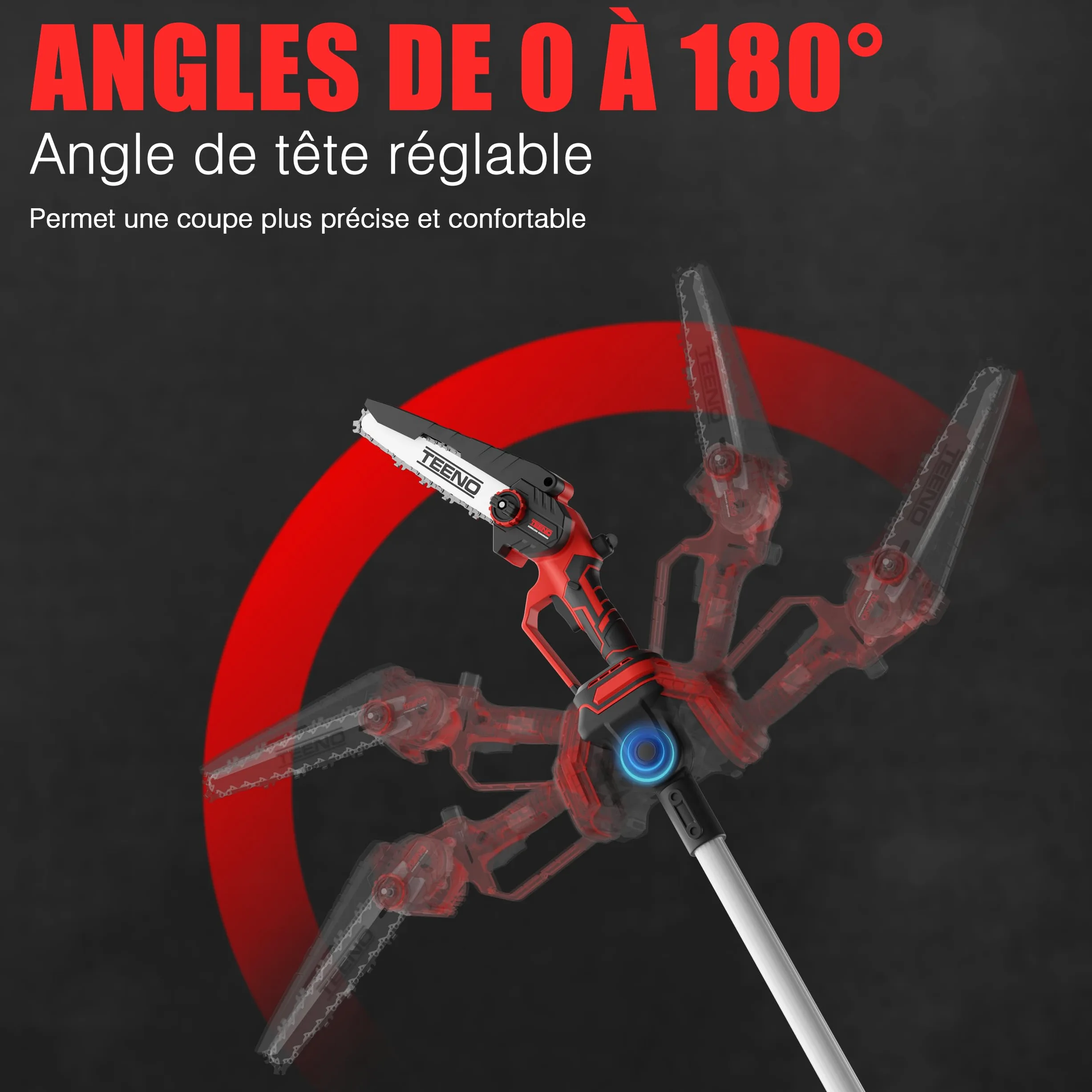 TEENO Tronçonneuse électrique 2-en-1丨Avec rallonge télescopique détachable | Guide-chaîne 2*6 pouces丨2 batteries 4 Ah丨2 chaînes丨Angle réglable à 180°丨Idéale pour le jardinage et l'élagage