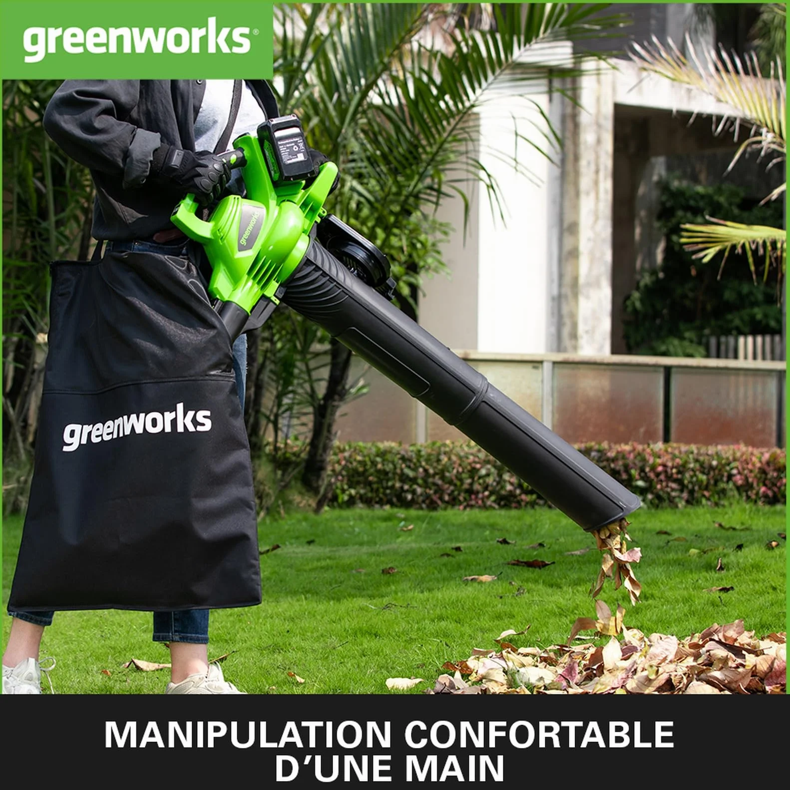 Greenworks GD24X2BVK4X Aspirateur Souffleur Sans fil 322km/h 9m³/min Sac Mulching 45L 2 Batteries 24V 4Ah