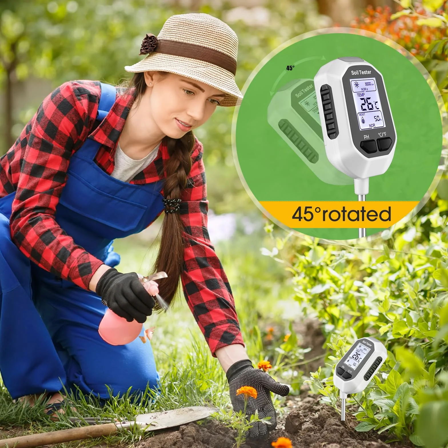 YAMRON Humidimètre 4 en 1 pour plantes, température numérique du sol, humidité du sol, pH, intensité de la lumière du soleil, affichage LCD, testeur de sol pour