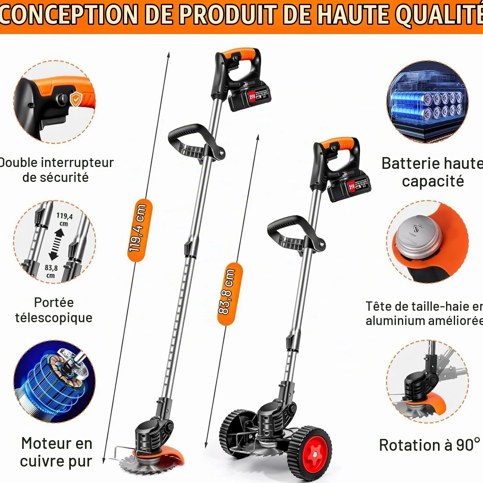 Débroussailleuse Electrique sans Fil,Coupe Bordure 2 Batteries 21v et Chargeur Taille Manche télescopique, Roues Amovibles réglables,Légère à Faible Bruit pour La Coupe De Jardin,Pelouses Arbustes