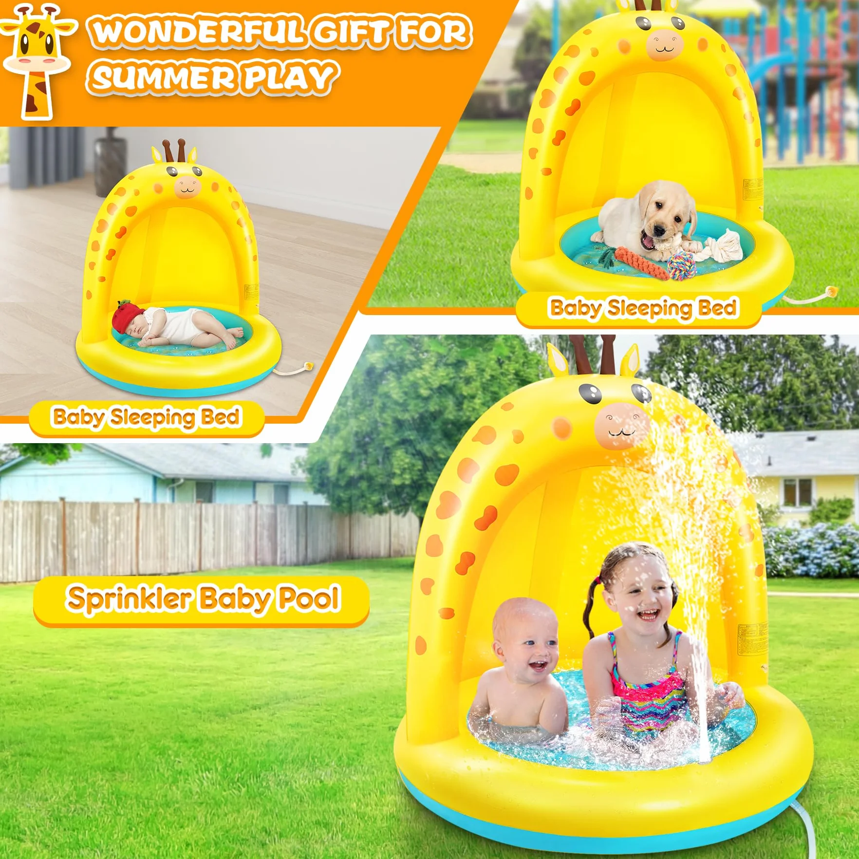 Lenbest Piscine Gonflable Enfant Girafe Pataugeoire Bébé avec Auvent Épaississant Fond à Bulles Extra Doux