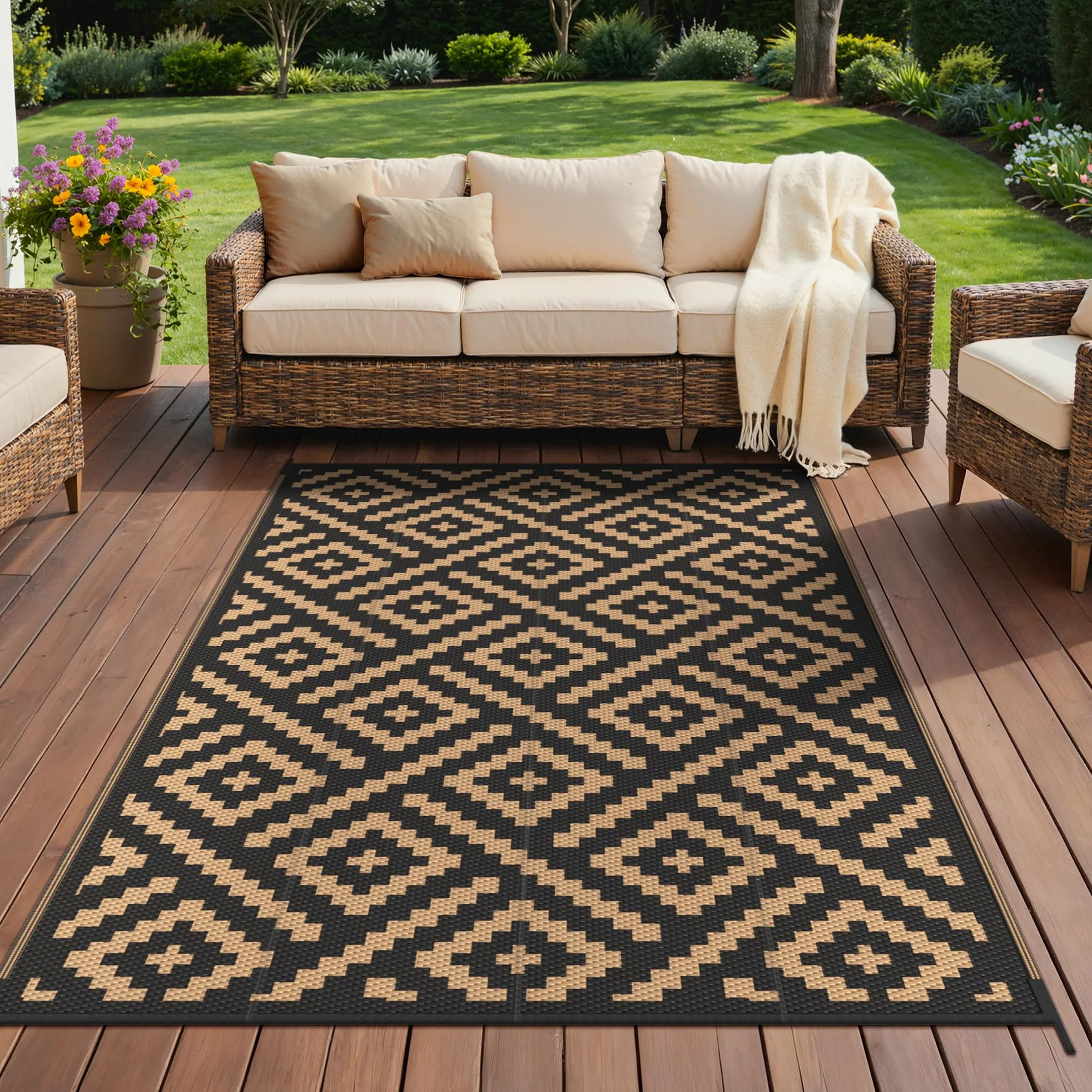 GENIMO Tapis Exterieur Resistant Pluie Terrasse, Reversible Résistant aux UV Tapis Extérieur, Couverture de Pique-Nique Portable pour Jardin, Balcon, Camping, Barbecue, 120x180cm, Noir & Brun