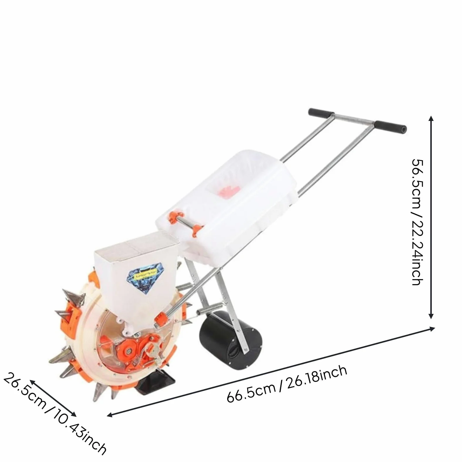 Handheld Seeder Semoir Planteur Épandeur Manuel à Poussée avec Roue Tasseuse Acier Inoxydable et Plastique Semis Régulier et Fertilisation Contrôlée, L 28CM, 6-Buse