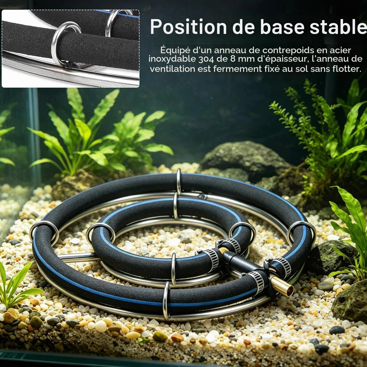 Aérateur De Bassin, Anneau D'aération De 25cm pour Bassins Double Cadre en Acier Inoxydable Diffuseur D'oxygène pour Bassin à Poissons avec Tuyau d'air De 5M Tube De 8mm De Diamètre