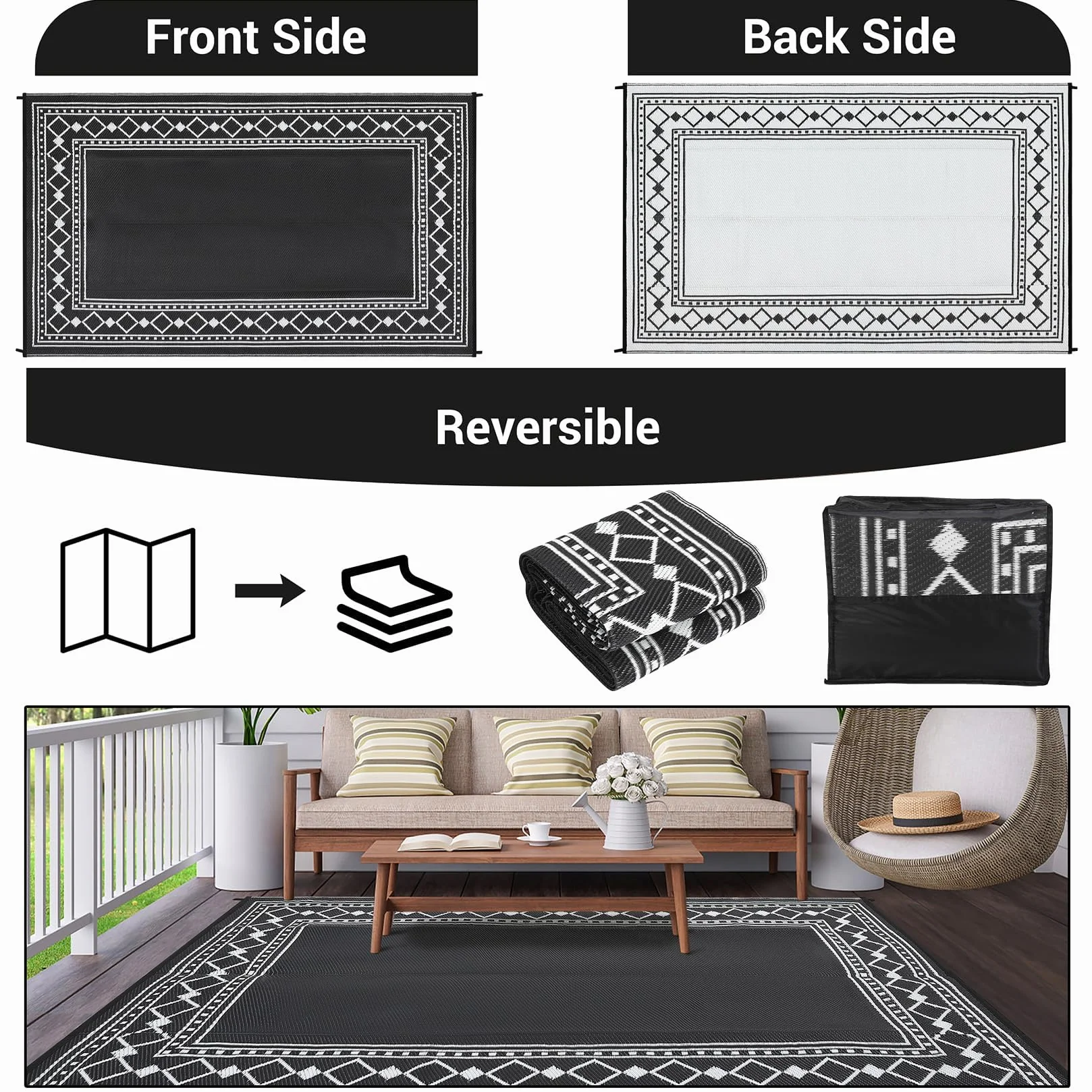CAROMIO Grand tapis d'extérieur imperméable en paille en plastique, réversible, moderne, géométrique, pour terrasse, facile à nettoyer, tapis d'extérieur pour piscine, jardin, noir, 22,9 x 30,5 cm