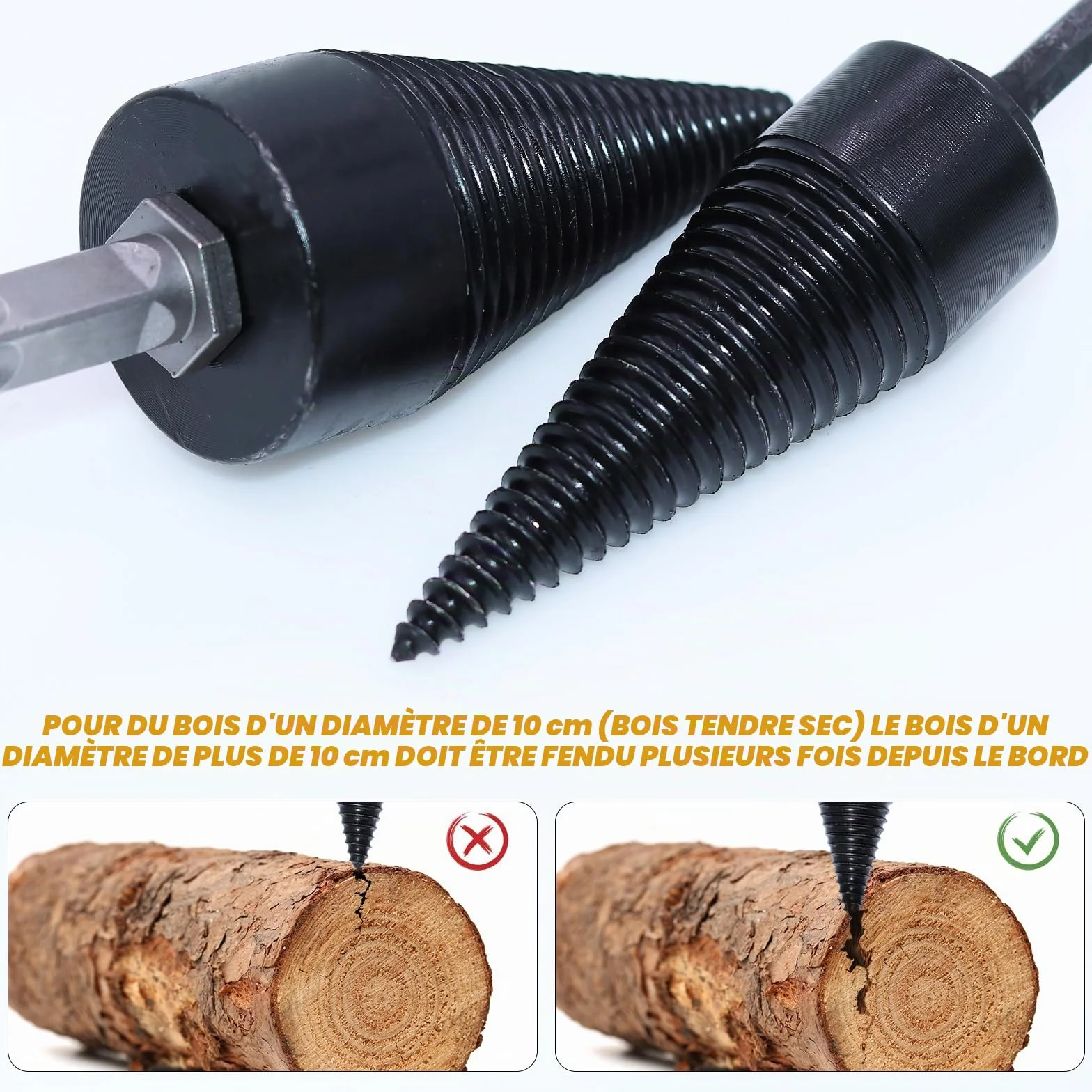 Fendeur de Bûche 42mm + 32mm Foret Conique avec 4 Poignées de Perçage