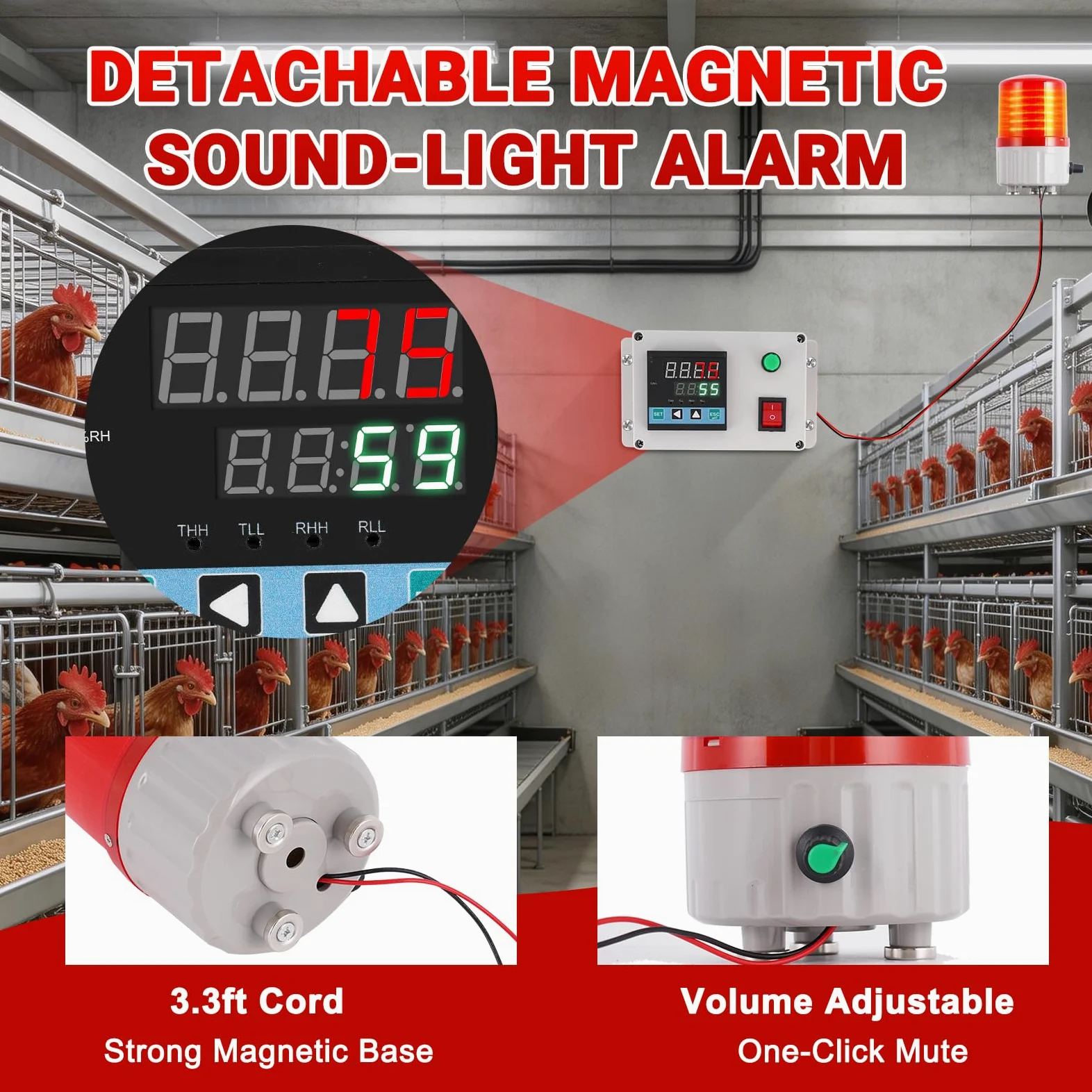 JIAWANSHUN Thermomètre hygromètre numérique industriel de -40 à 85 °C 0 à 100 % RH - Alarme indépendante - Alarme sonore - Alerte lumineuse - Calibrage pour serre, maison pour animaux de compagnie