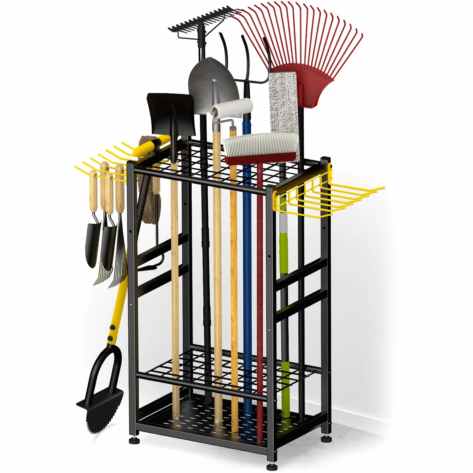 Organiseur d'outils de jardin, jusqu'à 48 outils à long manche, rangement et organisation de garage avec crochet latéral pour balai/râteau/pelle/outil à poignée en T, porte-outils