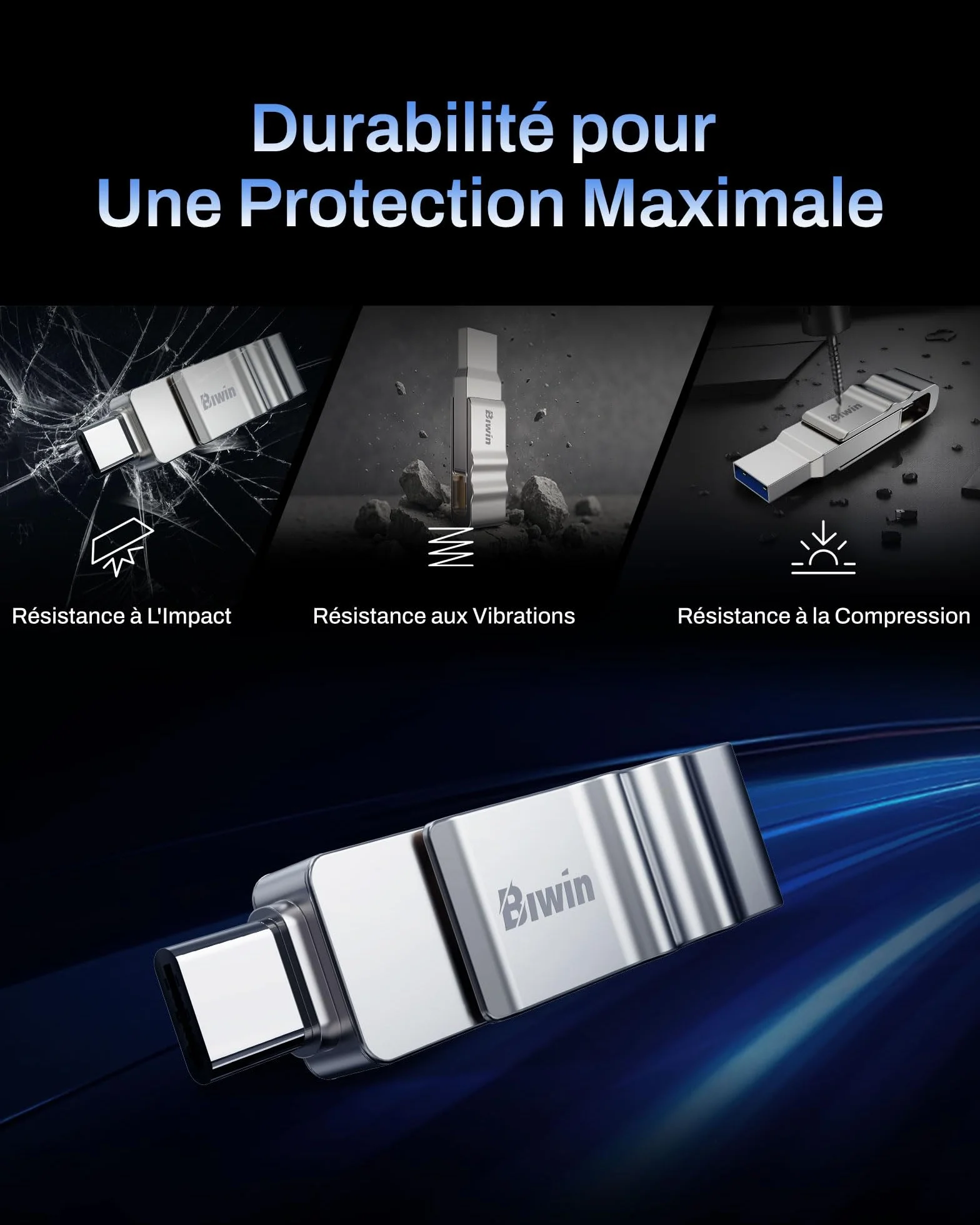 Biwin UD150 Clé USB 3.0 64 Go, Vitesses de Transfert 150 Mo/s, USB Type-C Type-A