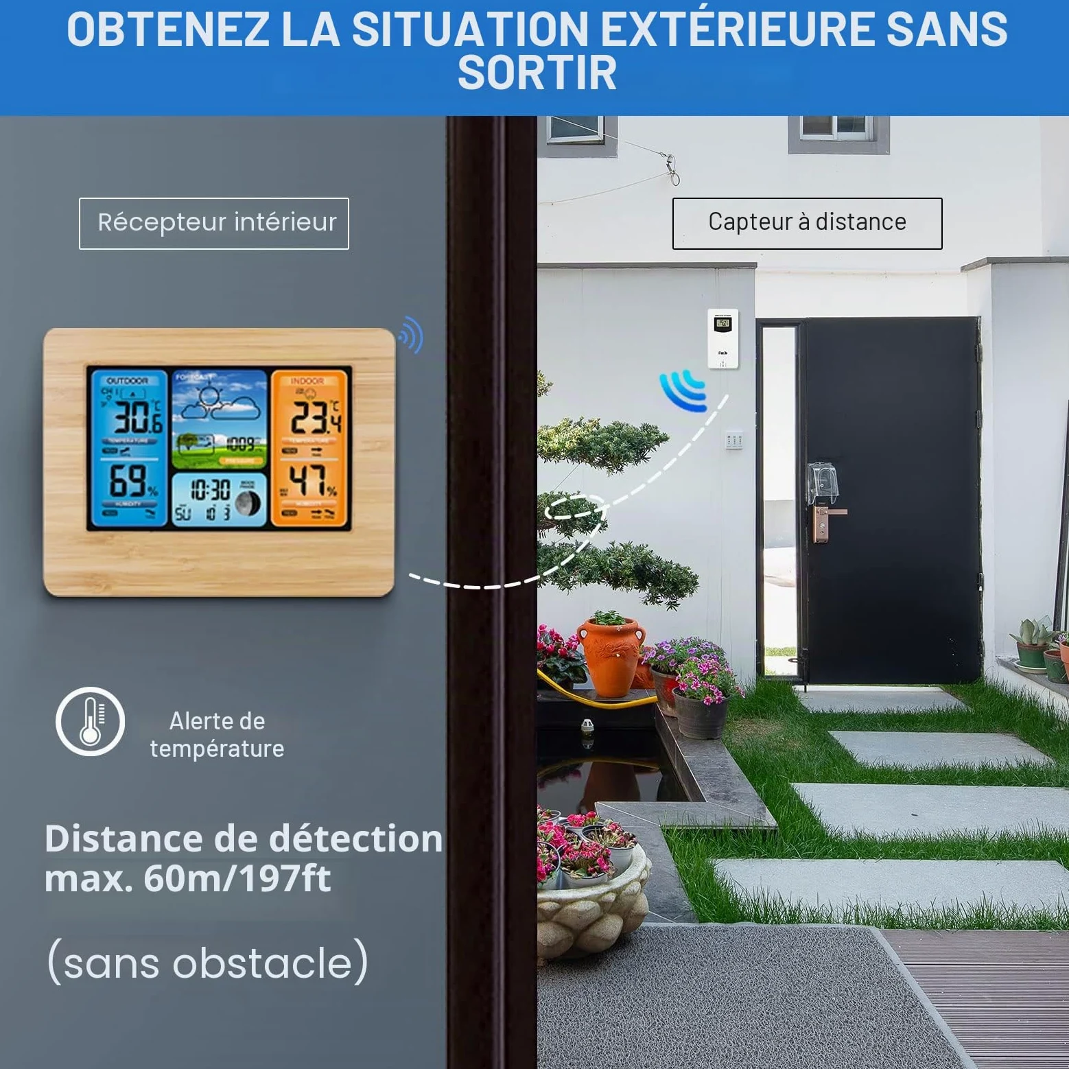 Station Météo sans Fil Station Météo à Prévision Numérique des Couleurs avec Alerte et Température/Humidité/Baromètre/Alarme/Horloge Lunaire/Météo avec Capteur Extérieur, Jaune