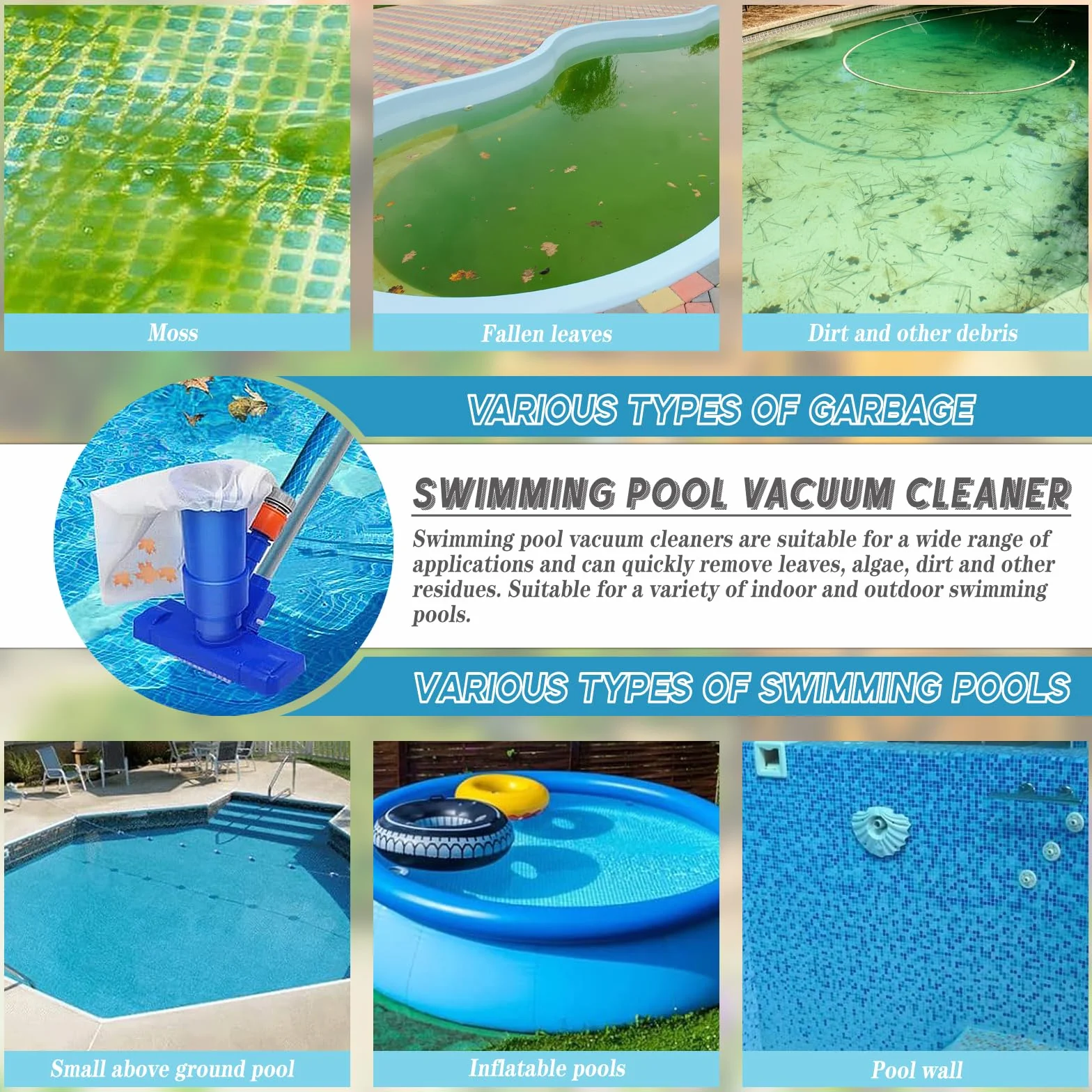 Aspirateur Piscine Balai Nettoyeur Spa avec Sac Filtrant et Perche Réglable Bleu
