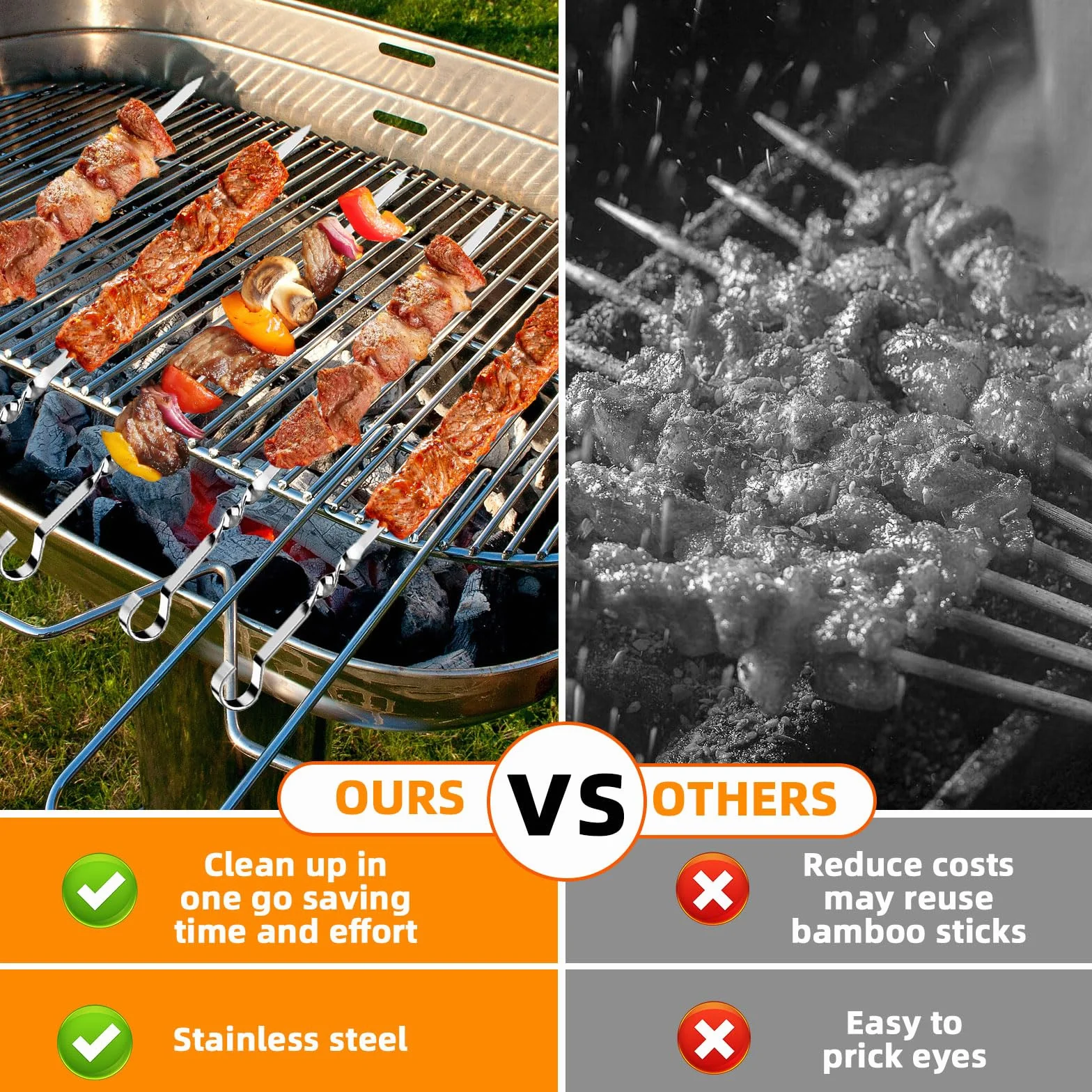Brochettes en Acier Inoxydable 24 Pièces avec Pinceaux Réutilisables pour Barbecue Viande Légumes