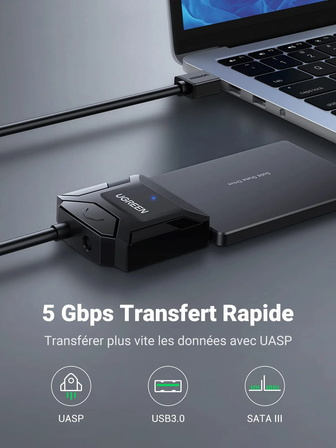 UGREEN Adaptateur USB 3.0 vers SATA Câble pour Disque Dur 2,5 3,5 Pouces HDD SSD avec Alimentation 12V 2A