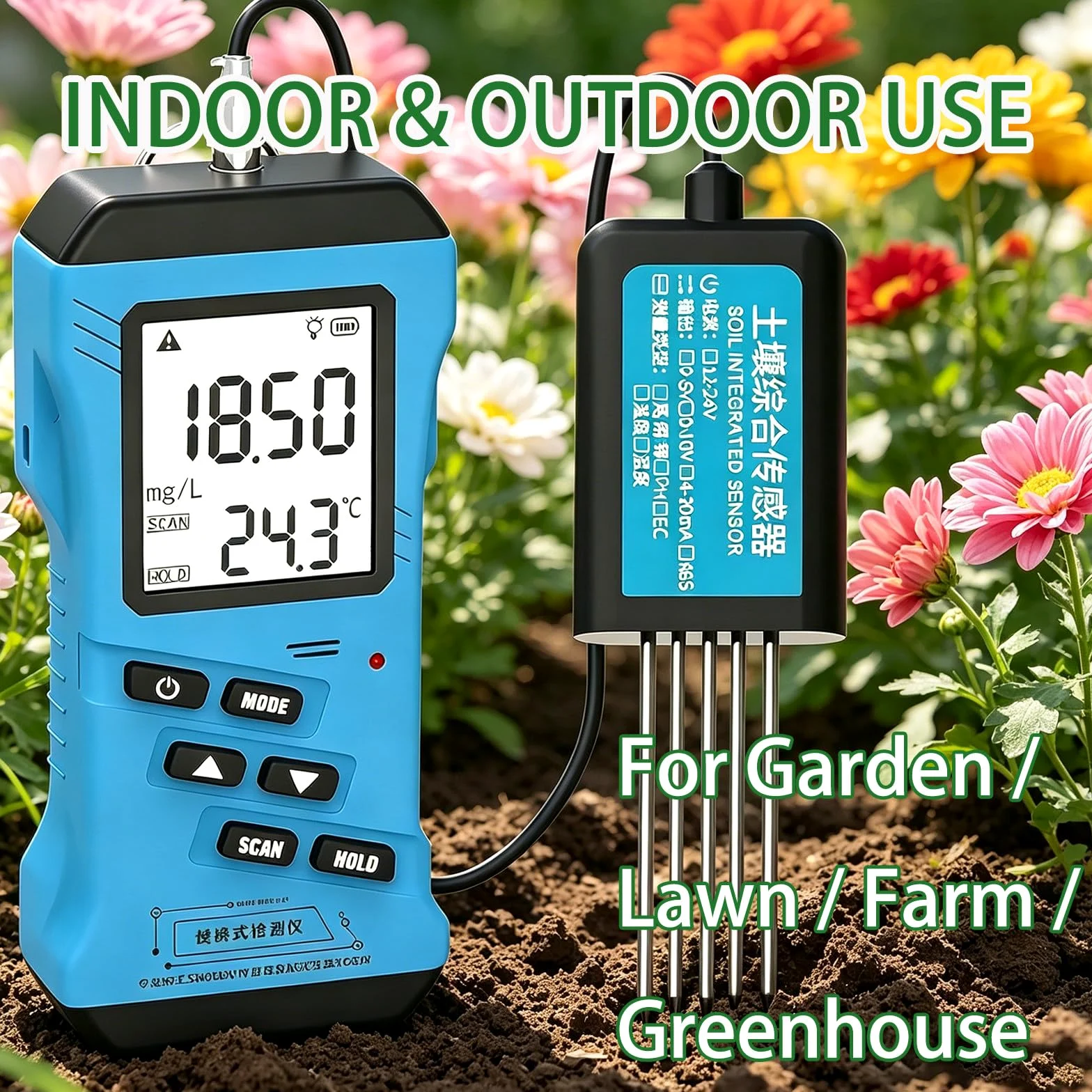 Kit numérique d'analyse de sol pour plantes, Testeur d'humidité, NPK, pH et conductivité : précision laboratoire, facile à utiliser, économies (pas de frais labo). Usage intérieur/extérieur, durable