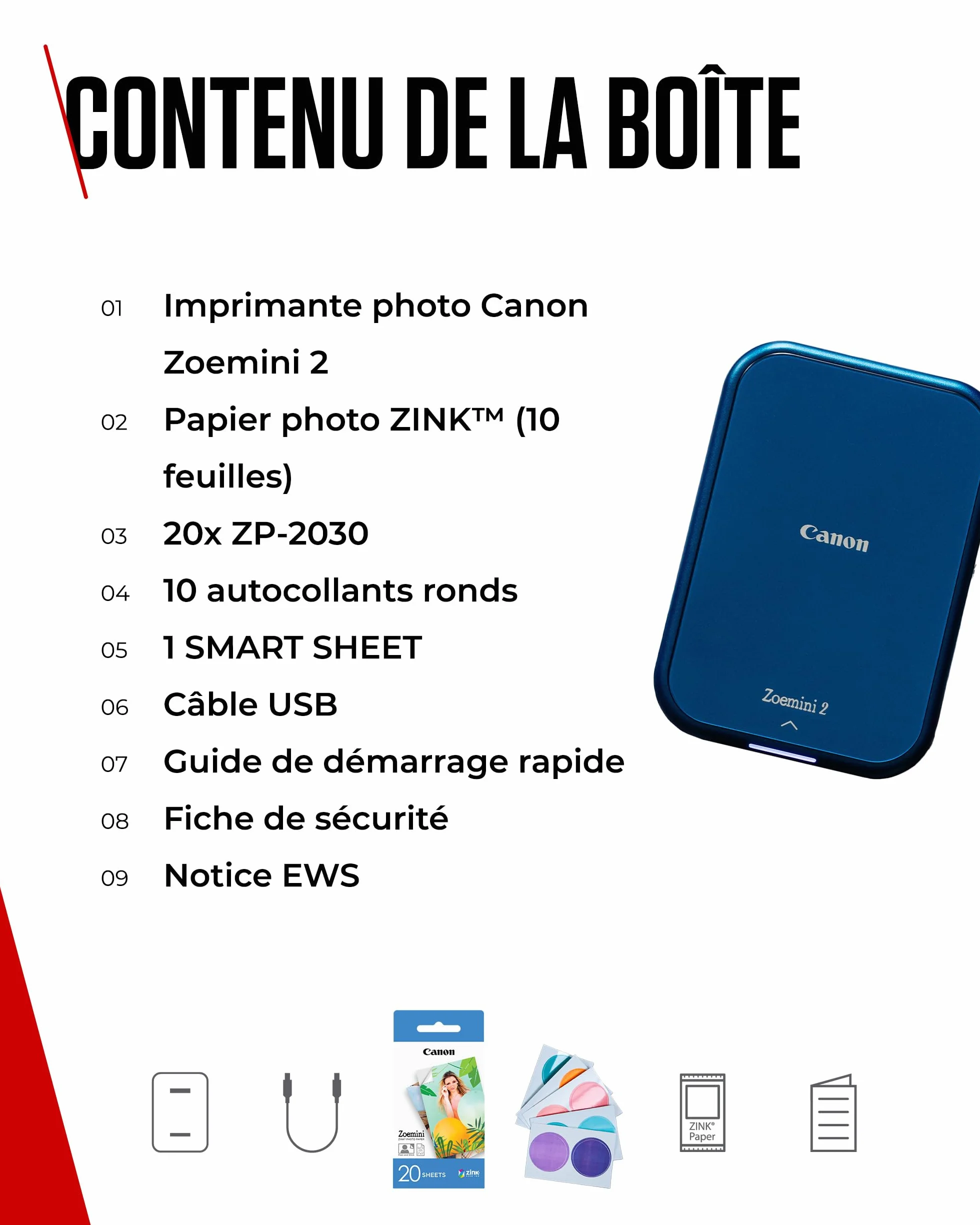 Canon Zoemini 2 Imprimante Photo Portable Bluetooth USB-C Rechargeable, Kit avec 20 Feuilles Autocollantes ZP-2030 + 10 Feuilles Circulaires 3,3 cm Zink, Bleu