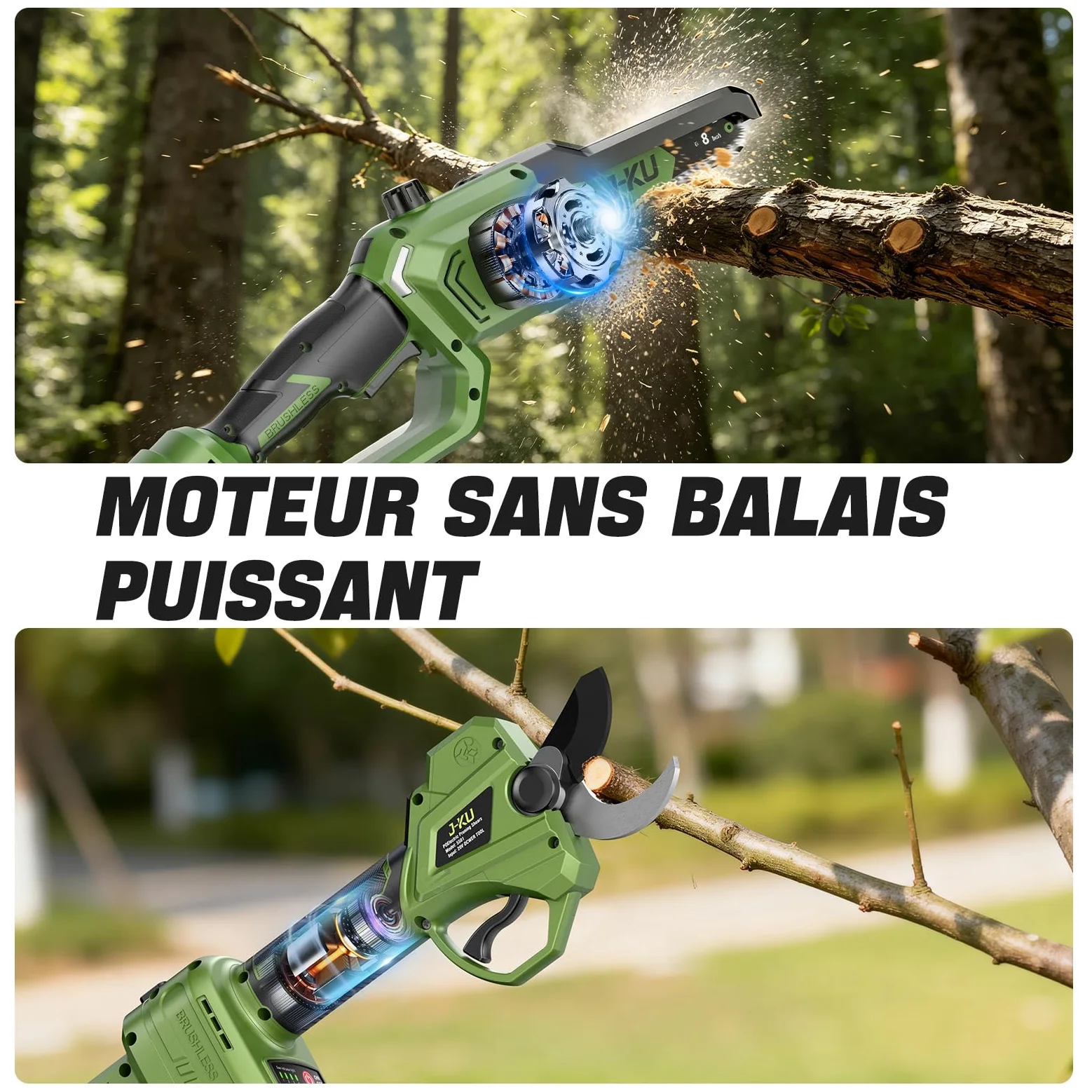 J-KU Élagueuse sur Perche 4 en 1 sans Fil avec Batterie, Mini Tronçonneuse 20 cm (8 Pouces) & Sécateur Électrique 35 mm, Perche Télescopique 2,6 m, 2×4000 mAh, Outils de Jardin