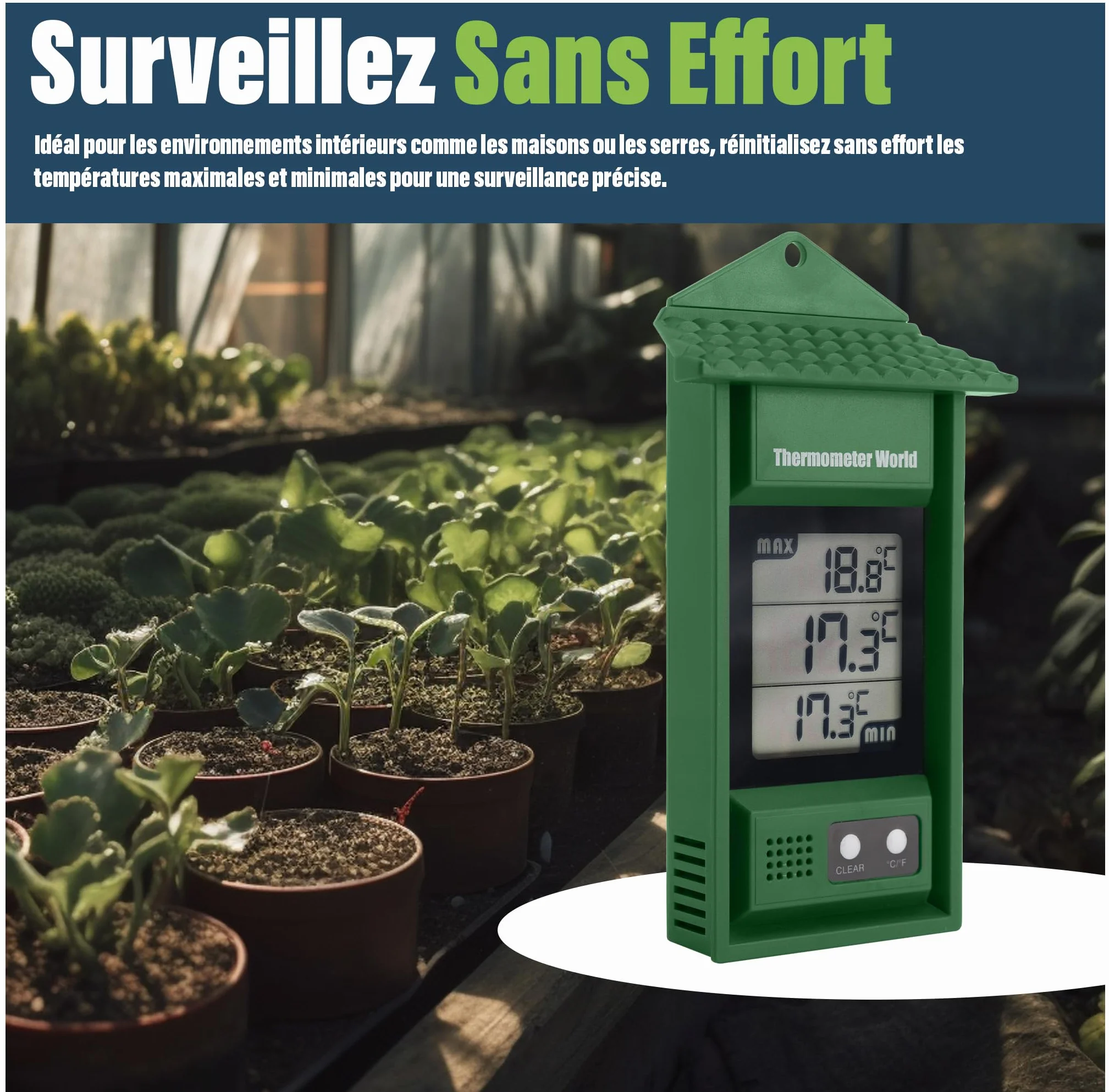 Thermomètre numérique min/max intérieur extérieur pour serre mural