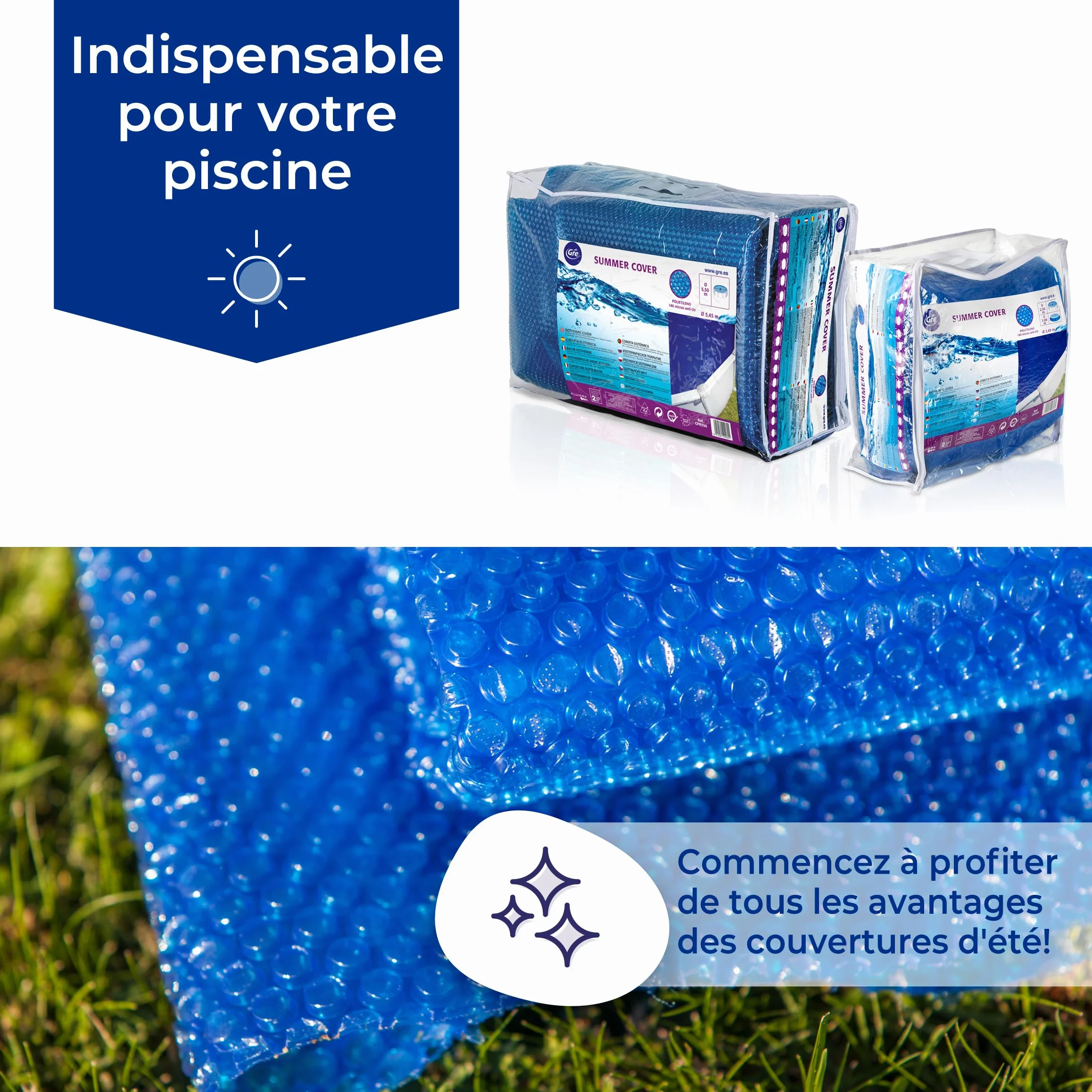 GRE CVPE500 - Bâche d'été pour piscines ovales enterrées de 500x300cm, épaisseur 400µ, Couleur Bleue