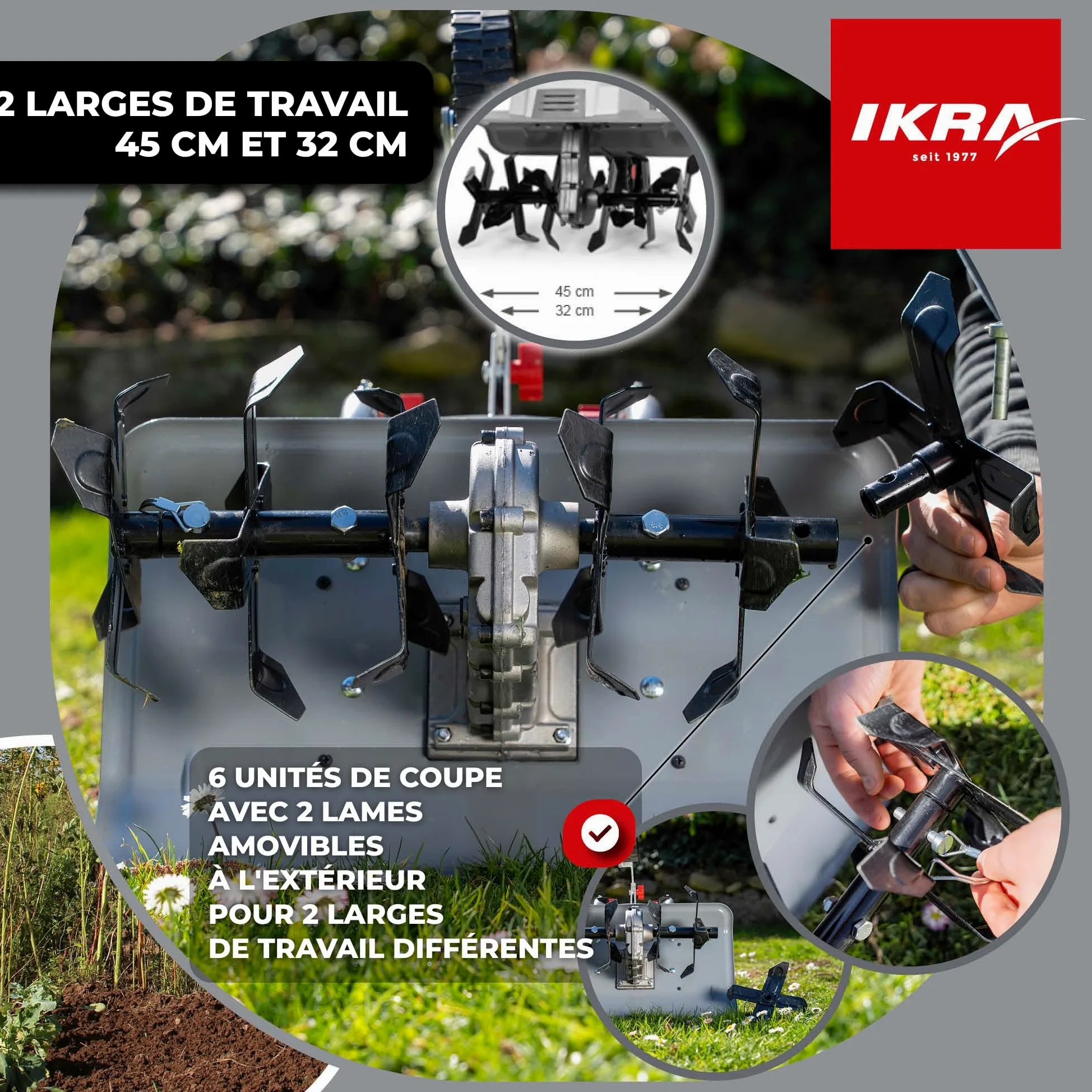 IKRA motoculteur électrique IEM 1500, Largeur réglable 32 et 45 cm | 1500 W, profondeur de travail 20 cm, talon de frein, roue de transport, pliable, protection contre les surcharges