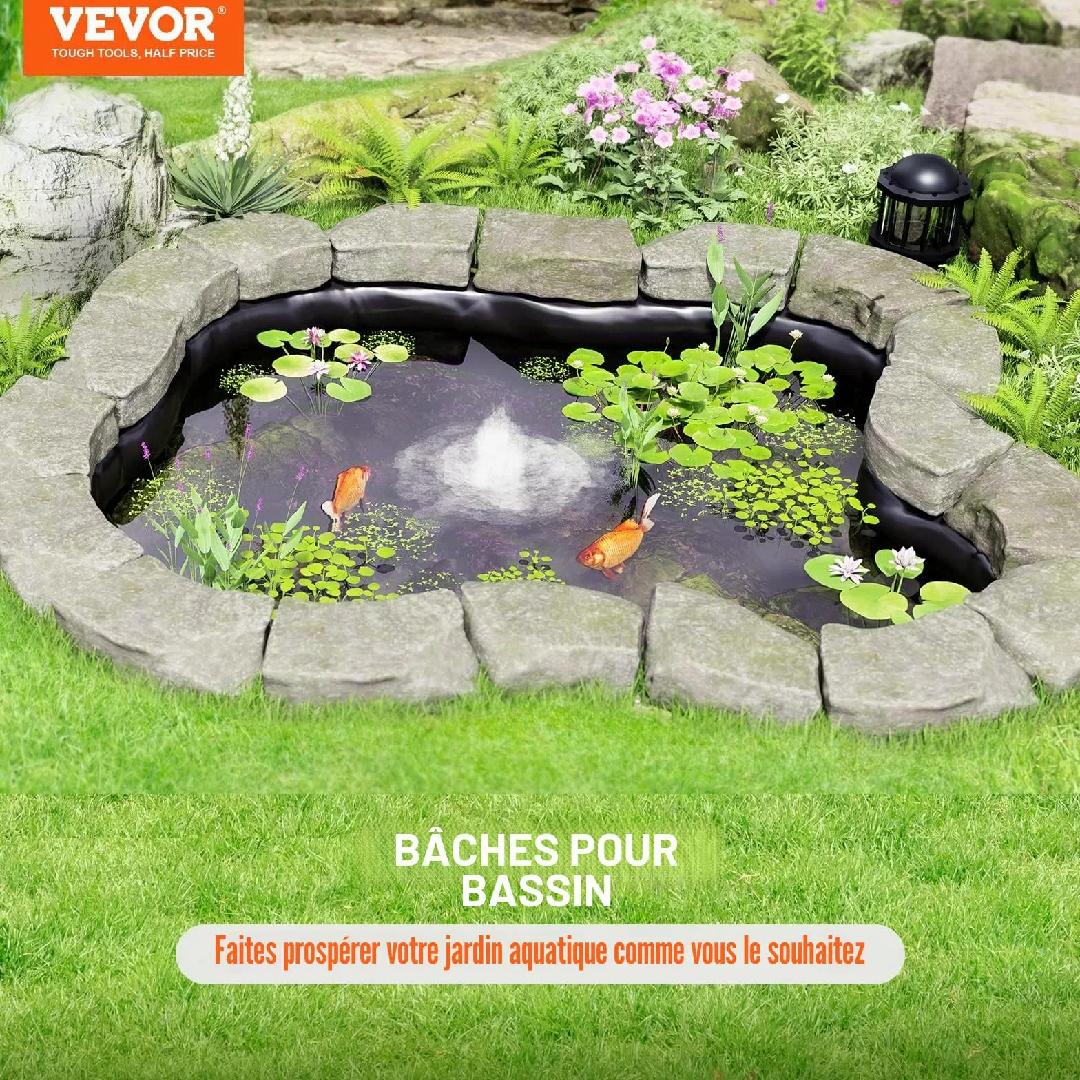 VEVOR Bâche Bassin 9x10,6 m Revêtement pour Étang Épaisseur 1,5 mm Pliable EPDM sous-Couche Facile à Découper pour Étangs à Poissons, Carpes Koi, Jeux d'eau, Cascades, Fontaines, Jardins Aquatiques
