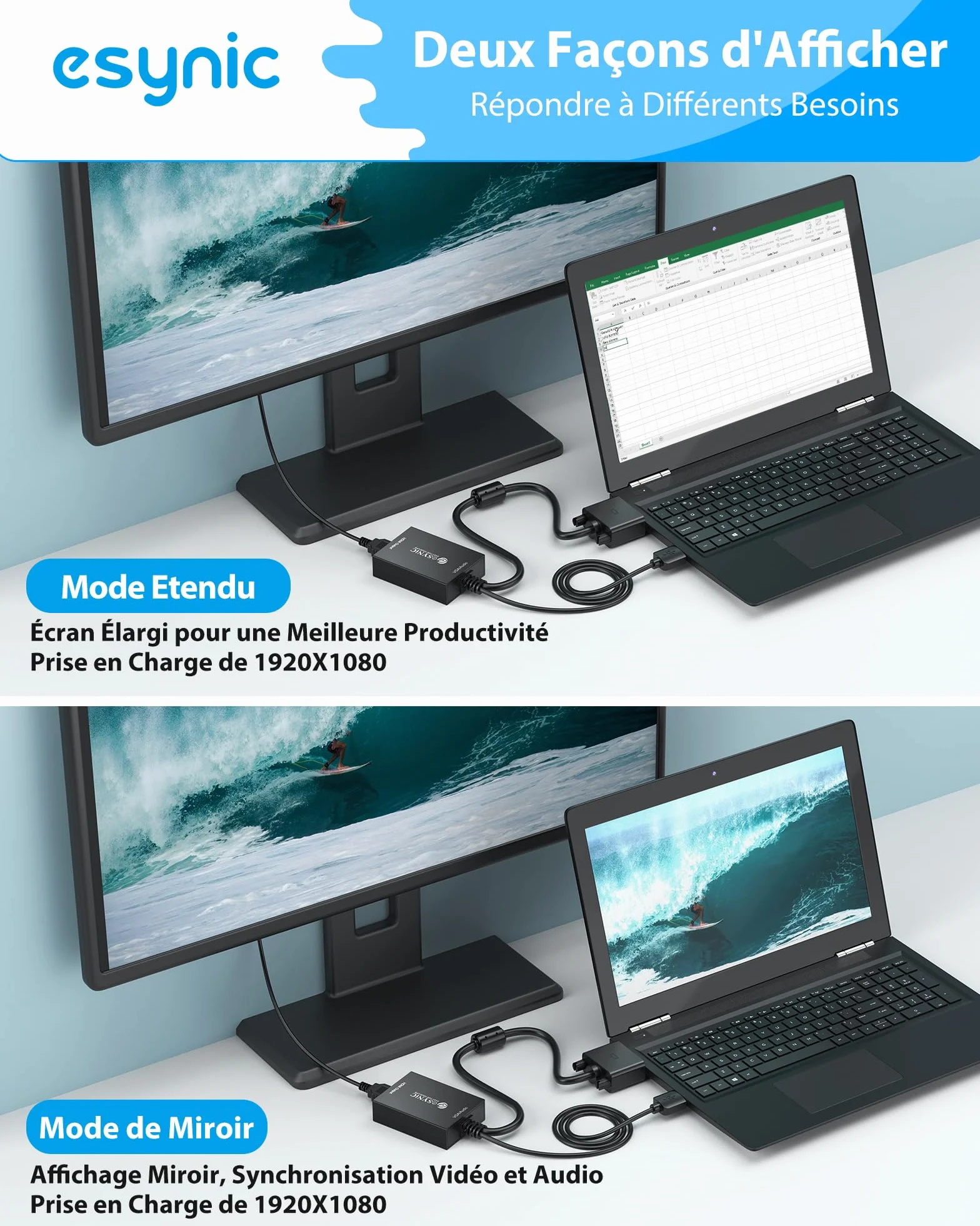 eSynic Adaptateur VGA vers HDMI 1080P Convertisseur VGA à HDMI avec Câble VGA 30cm Câble USB 1M Connecteur Plaqué Or