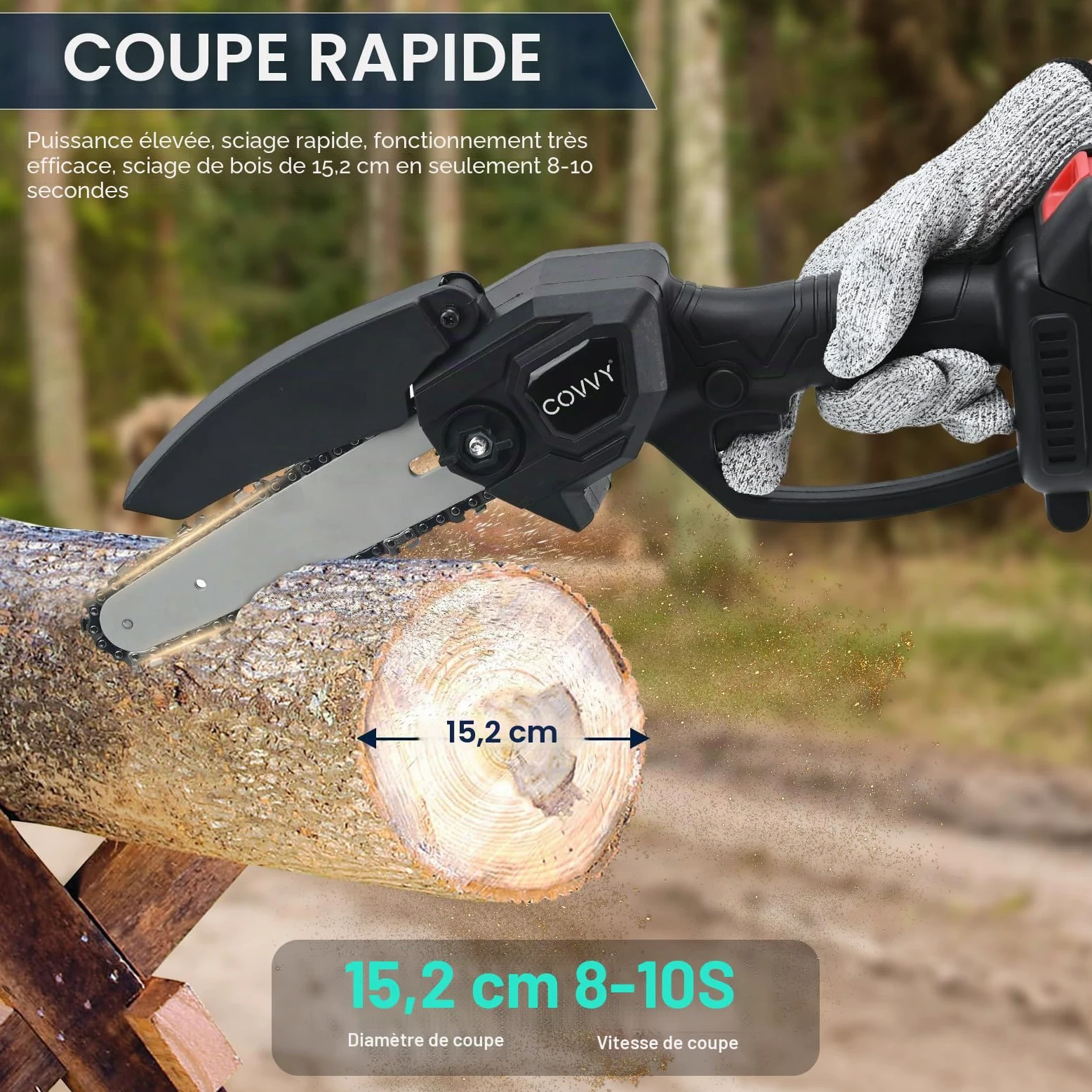 Mini Tronçonneuse à Batterie 8 et 6 Pouces, 6000mAh Tronçonneuse à Batterie, électrique portative sans fil à une main équipée, pour couper le bois, l'élagage des ja | 2 piles, 4 chaînes, lunettes et tournevis inclus, gants anti-coupure inclus, pour coupe