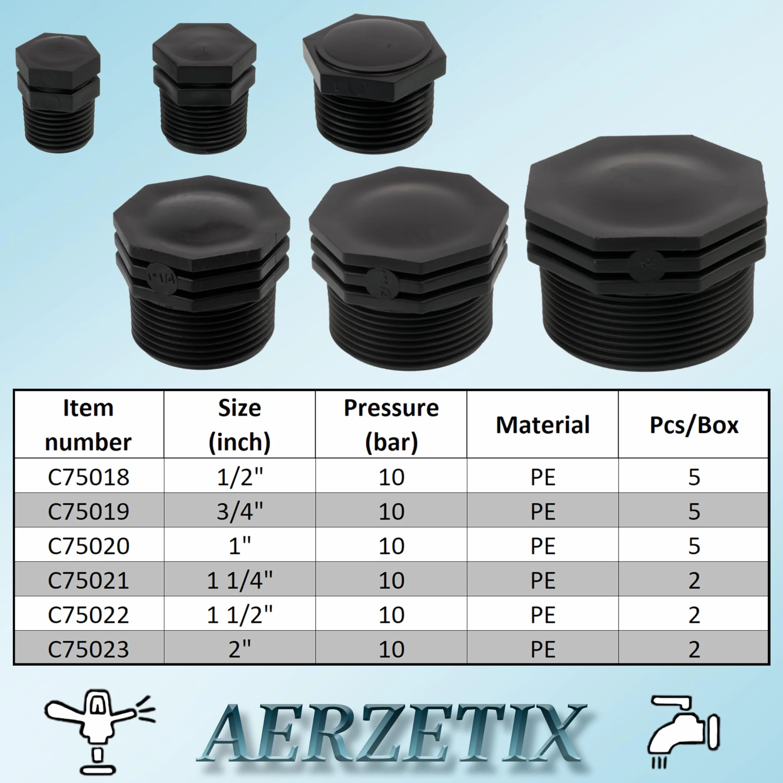 AERZETIX Lot de 5 Bouchons Mâles 3/4" Polyéthylène pour Tuyau d'Arrosage Irrigation Pression Max 10 Bars Noir