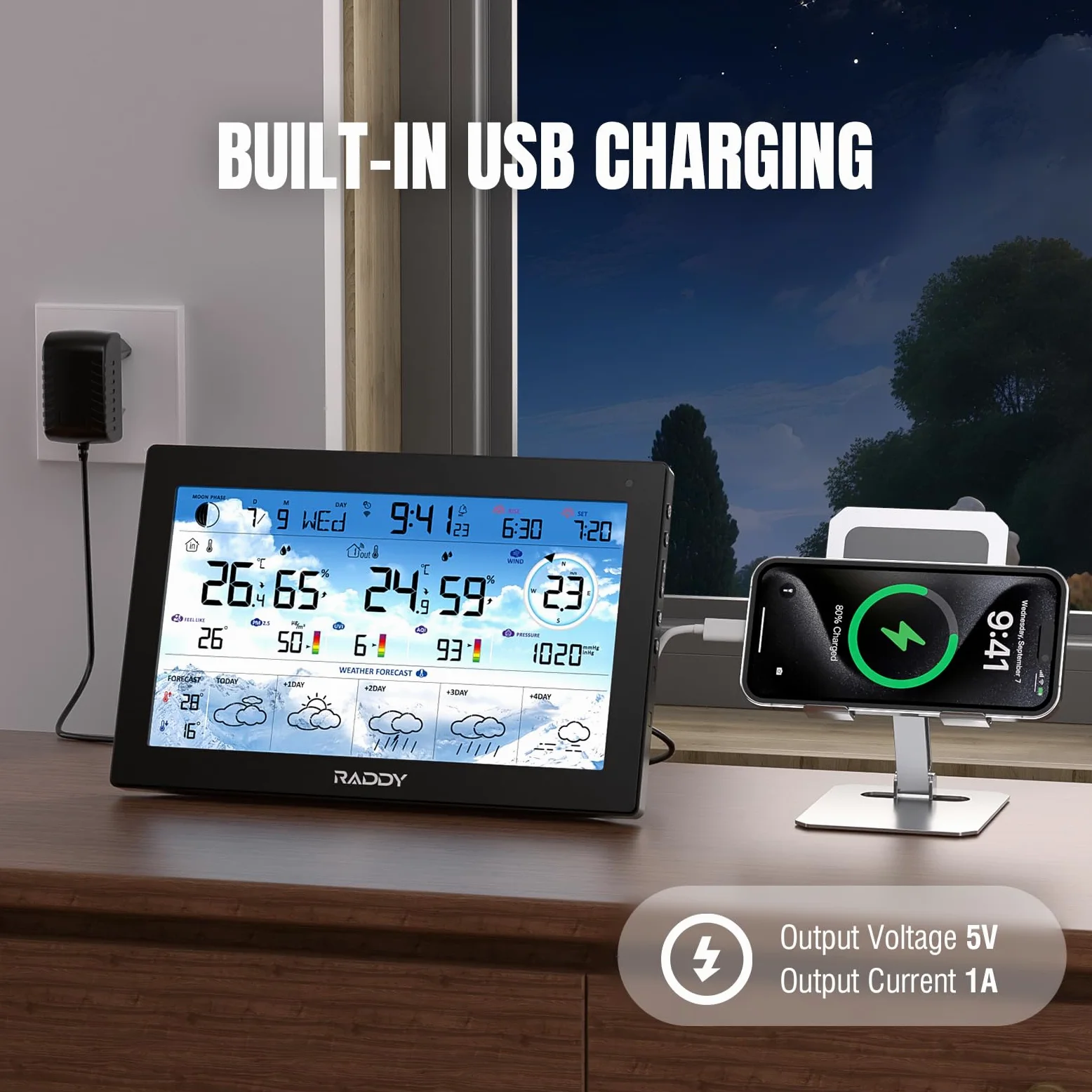 Raddy N90 Wi-Fi Station météo avec capteur sans fil, 8,8" HTN écran, Connectivité via App intelligente, Thermomètre intérieur/extérieur, Moniteur de température et d'humidité, PM2,5/AQI/UVI
